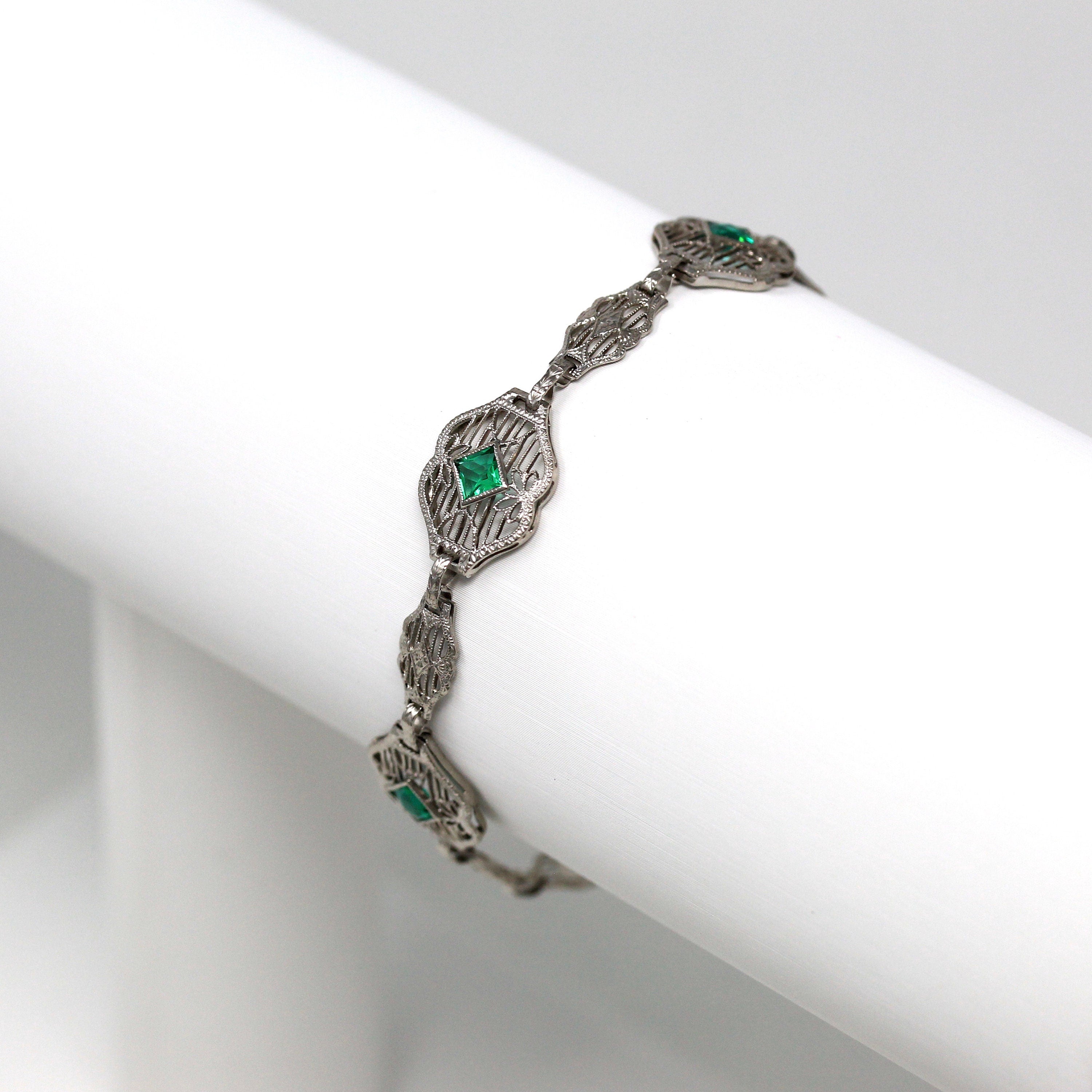 Art Deco Bracelet - Antique 14k White Gold Filigree Simulated Emerald Glass Stones - Vintage 1920s Era Fine Bridal Wedding 7 Inch Jewelry