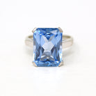 Created Spinel Ring - Vintage 14k White Gold Rectangular Cut Blue 13.48 Carat Statement - Circa 1960s Size 8 1/4 Cocktail 60s Fine Jewelry