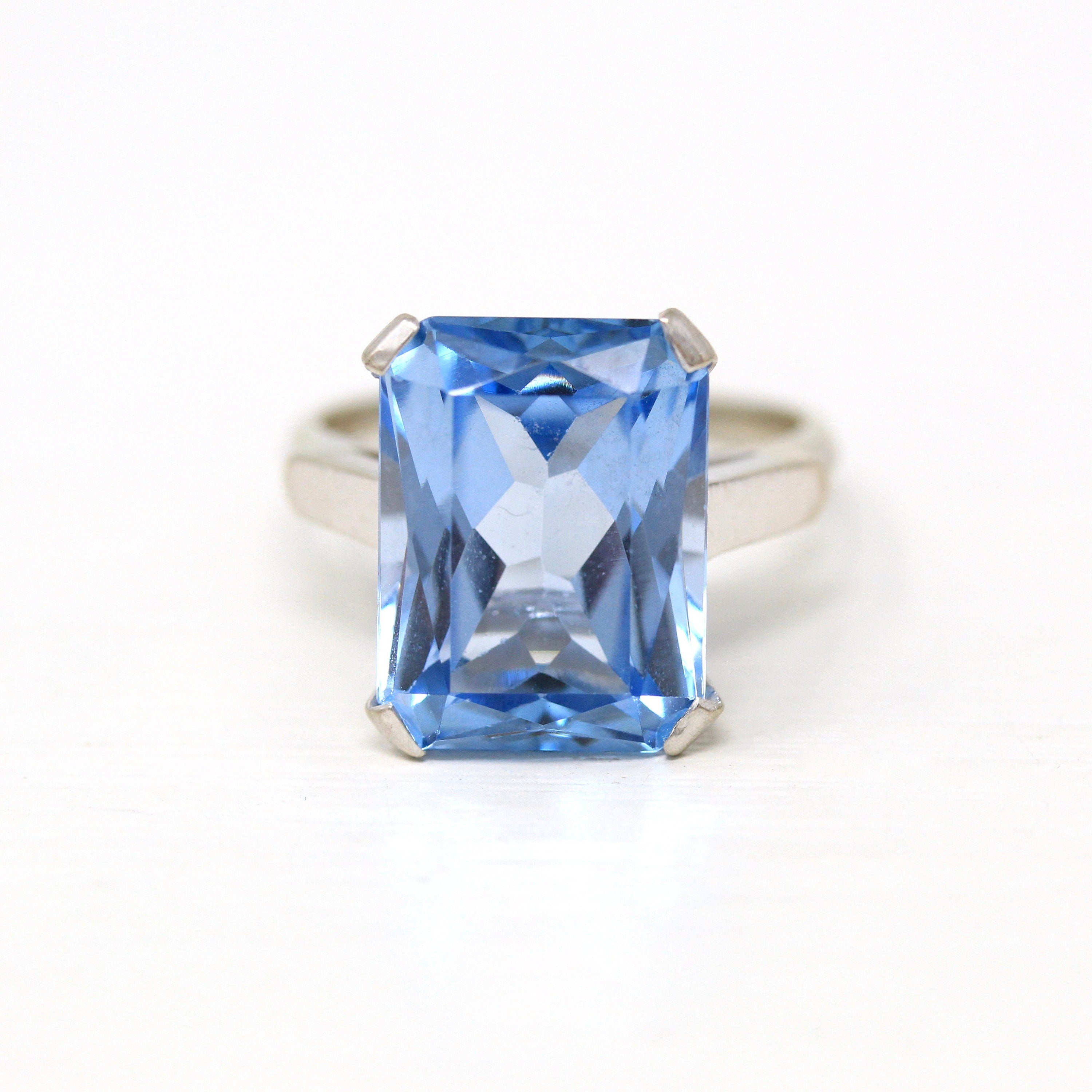 Created Spinel Ring - Vintage 14k White Gold Rectangular Cut Blue 13.48 Carat Statement - Circa 1960s Size 8 1/4 Cocktail 60s Fine Jewelry