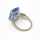 Created Spinel Ring - Vintage 14k White Gold Rectangular Cut Blue 13.48 Carat Statement - Circa 1960s Size 8 1/4 Cocktail 60s Fine Jewelry