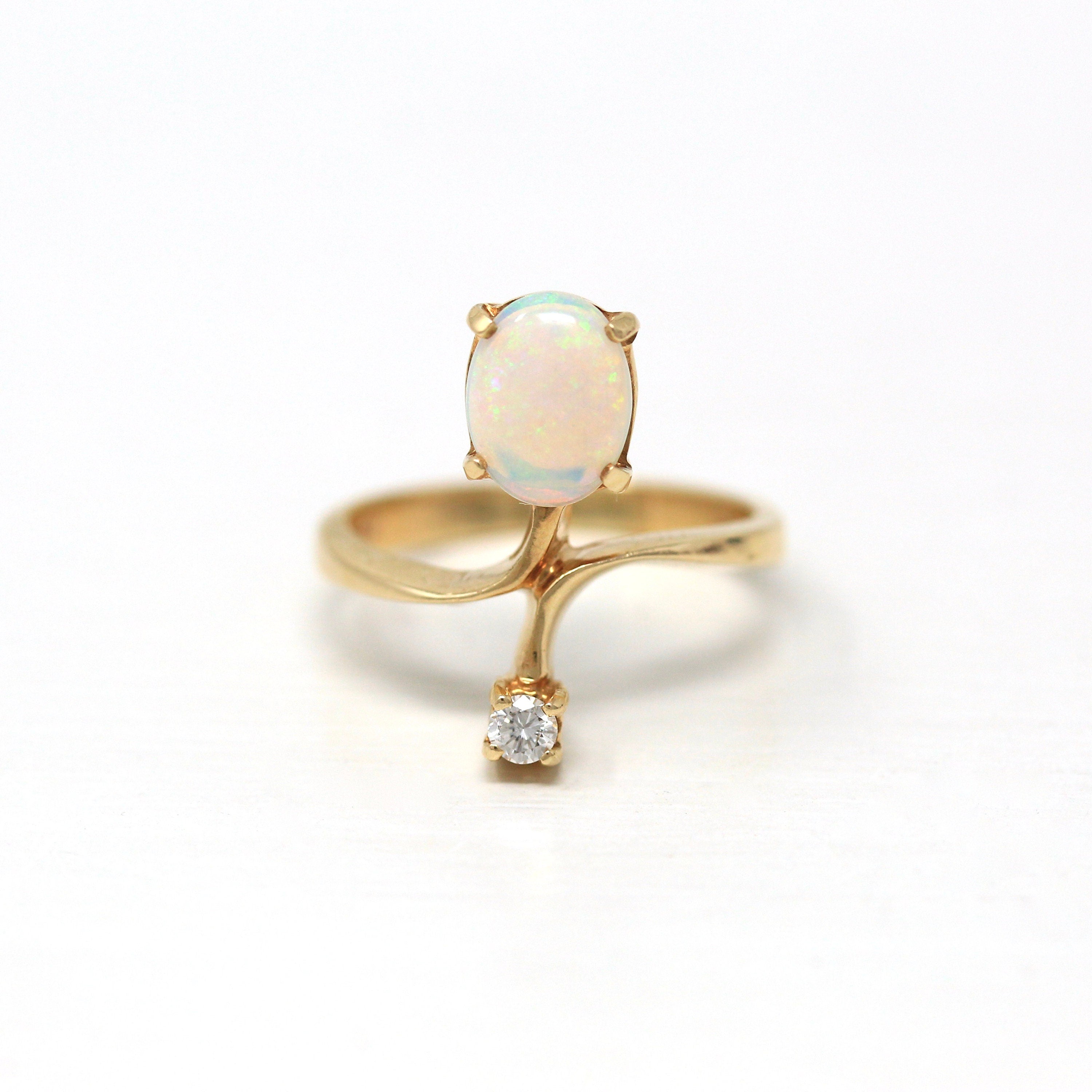 Opal & Diamond Ring - Retro 14k Yellow Gold Cabochon .68 CT Gemstone - Vintage Circa 1970s Era Size 4 3/4 October Birthstone Fine Jewelry