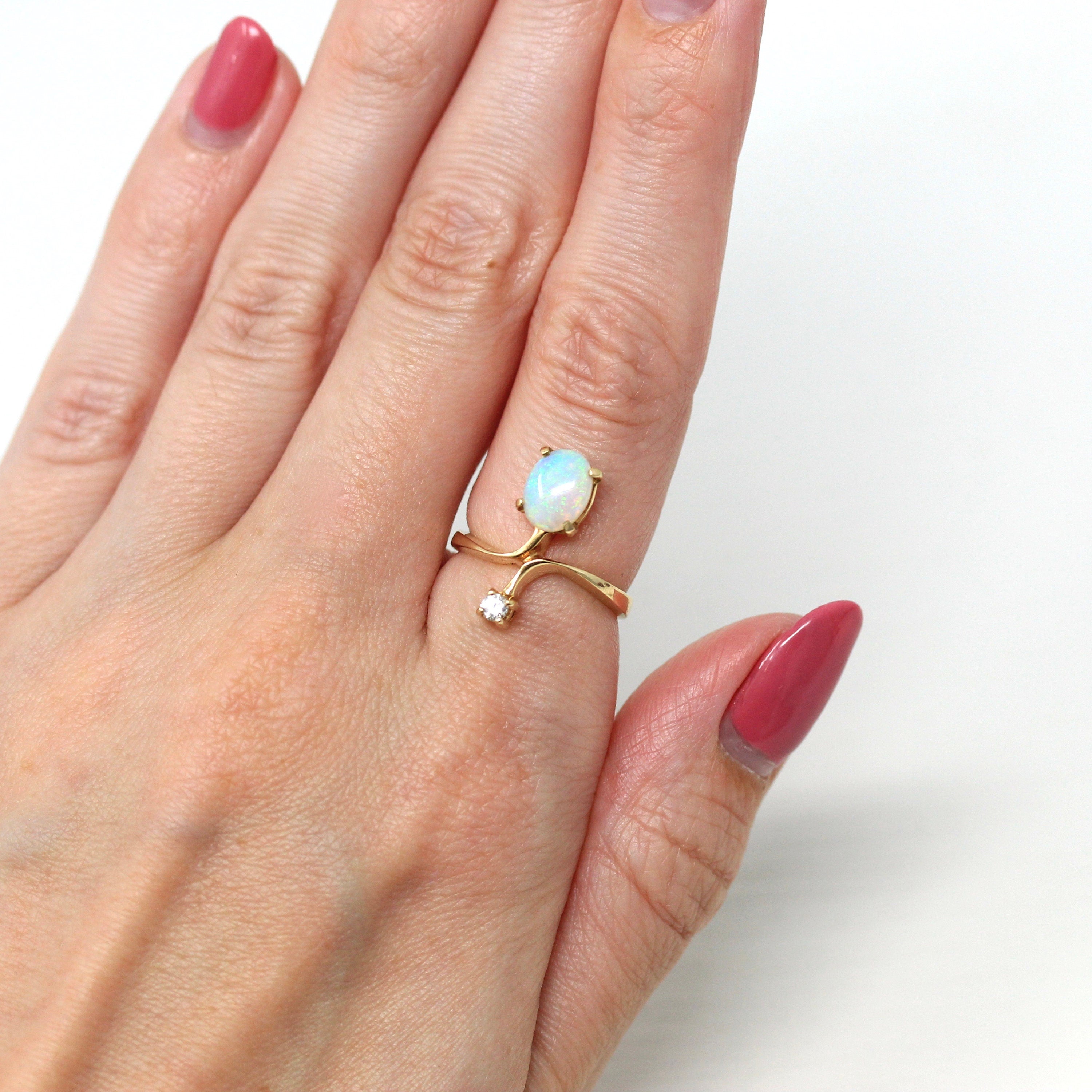 Opal & Diamond Ring - Retro 14k Yellow Gold Cabochon .68 CT Gemstone - Vintage Circa 1970s Era Size 4 3/4 October Birthstone Fine Jewelry