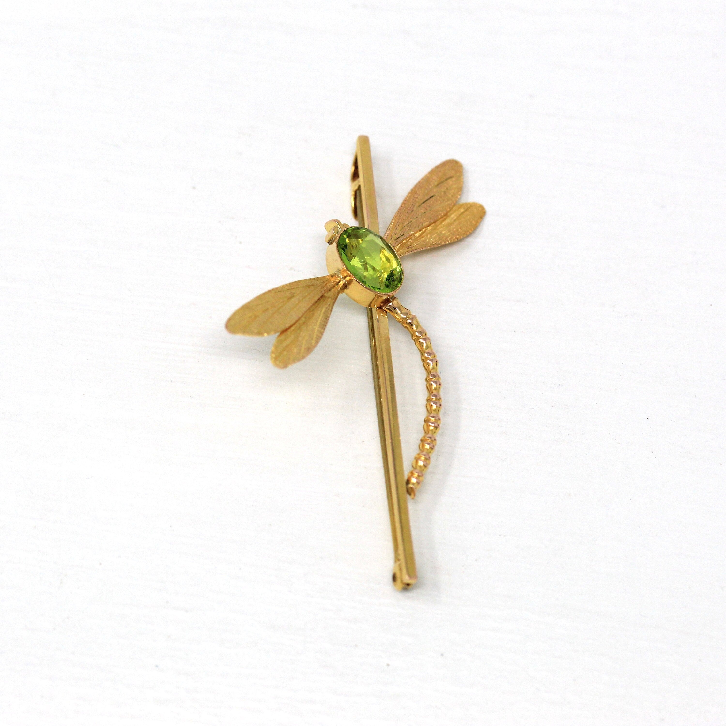 Vintage Dragonfly Brooch - Retro 9k Yellow Gold Simulated Peridot Statement Pin - Circa 1960s Era Green Glass Insect Figural Fine Jewelry