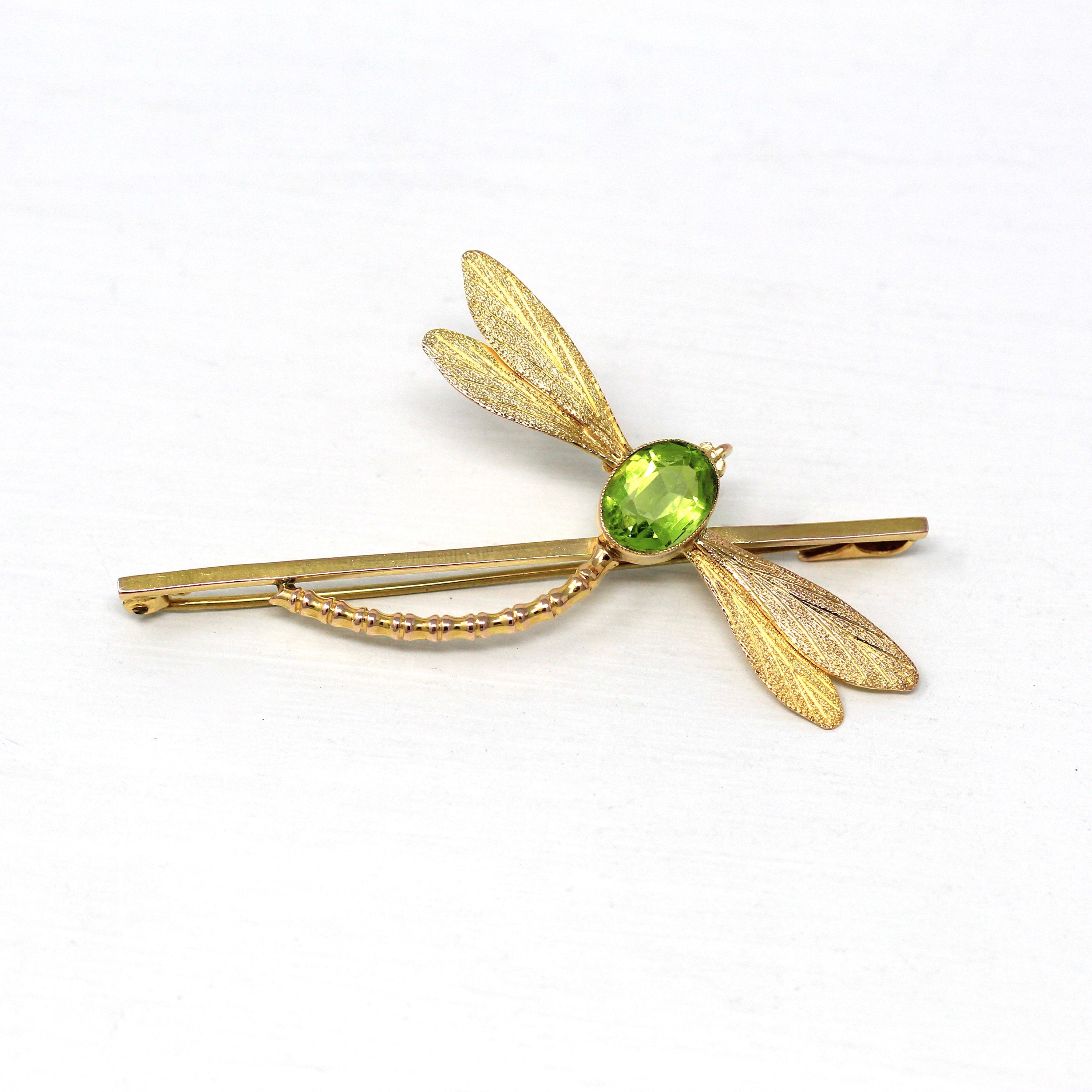 Vintage Dragonfly Brooch - Retro 9k Yellow Gold Simulated Peridot Statement Pin - Circa 1960s Era Green Glass Insect Figural Fine Jewelry