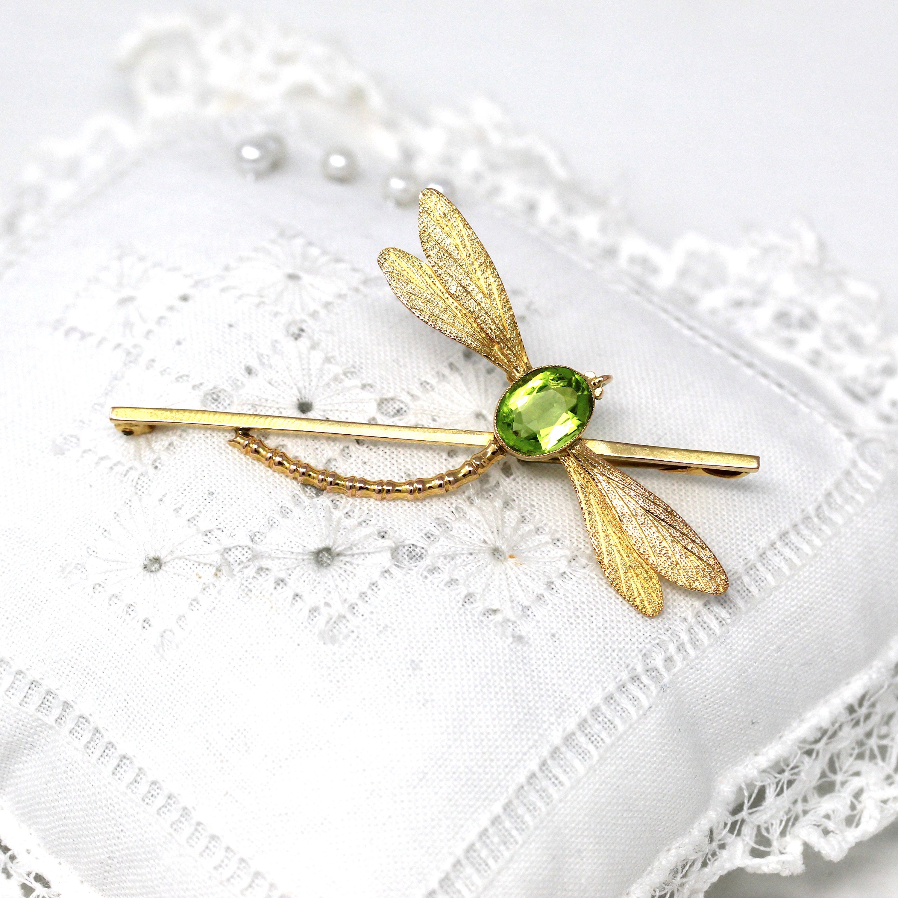 Vintage Dragonfly Brooch - Retro 9k Yellow Gold Simulated Peridot Statement Pin - Circa 1960s Era Green Glass Insect Figural Fine Jewelry