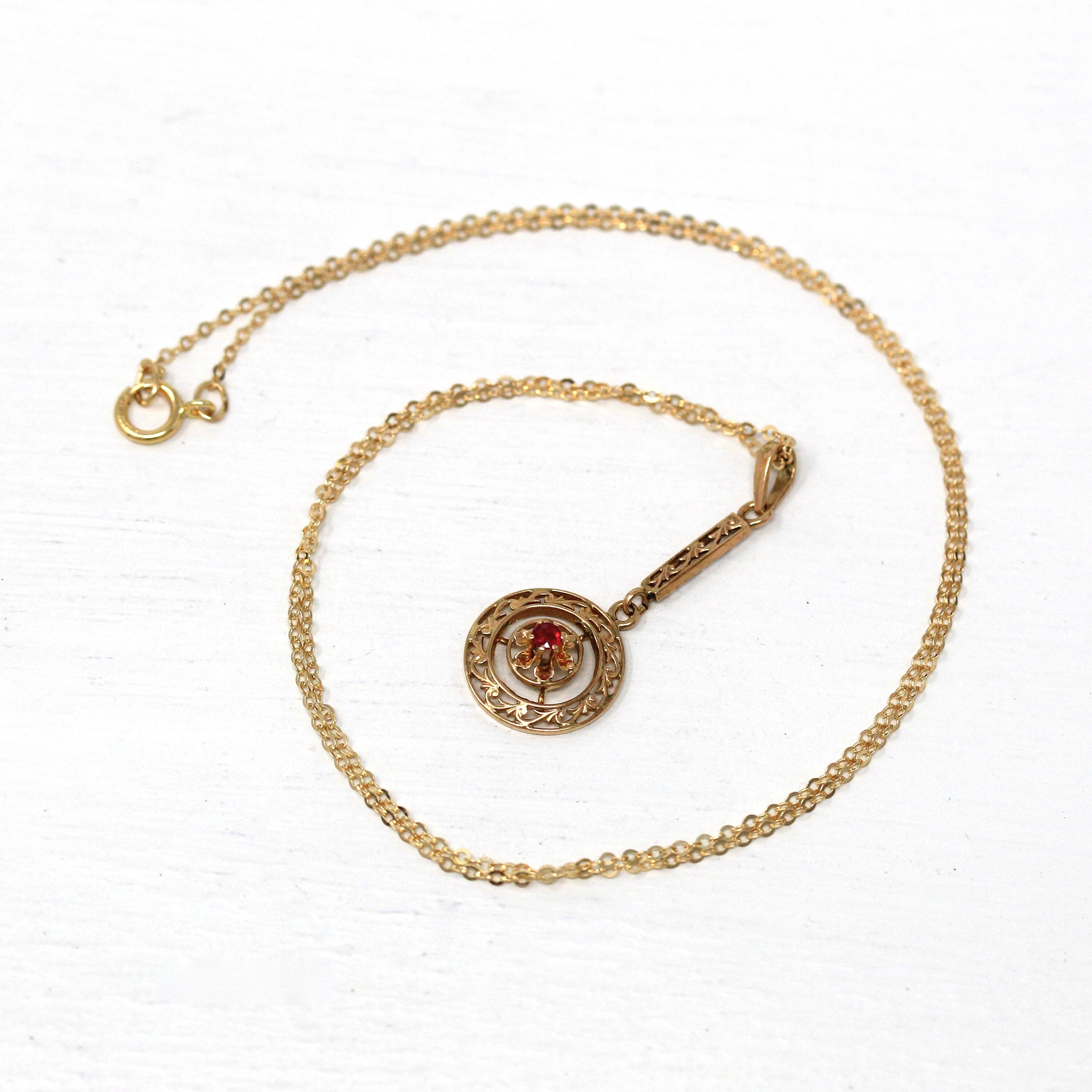 Antique Lavalier Necklace - Edwardian 10k Yellow Gold Garnet & Glass Doublet Pendant Charm - Vintage Circa 1910s Era Red Round Fine Jewelry