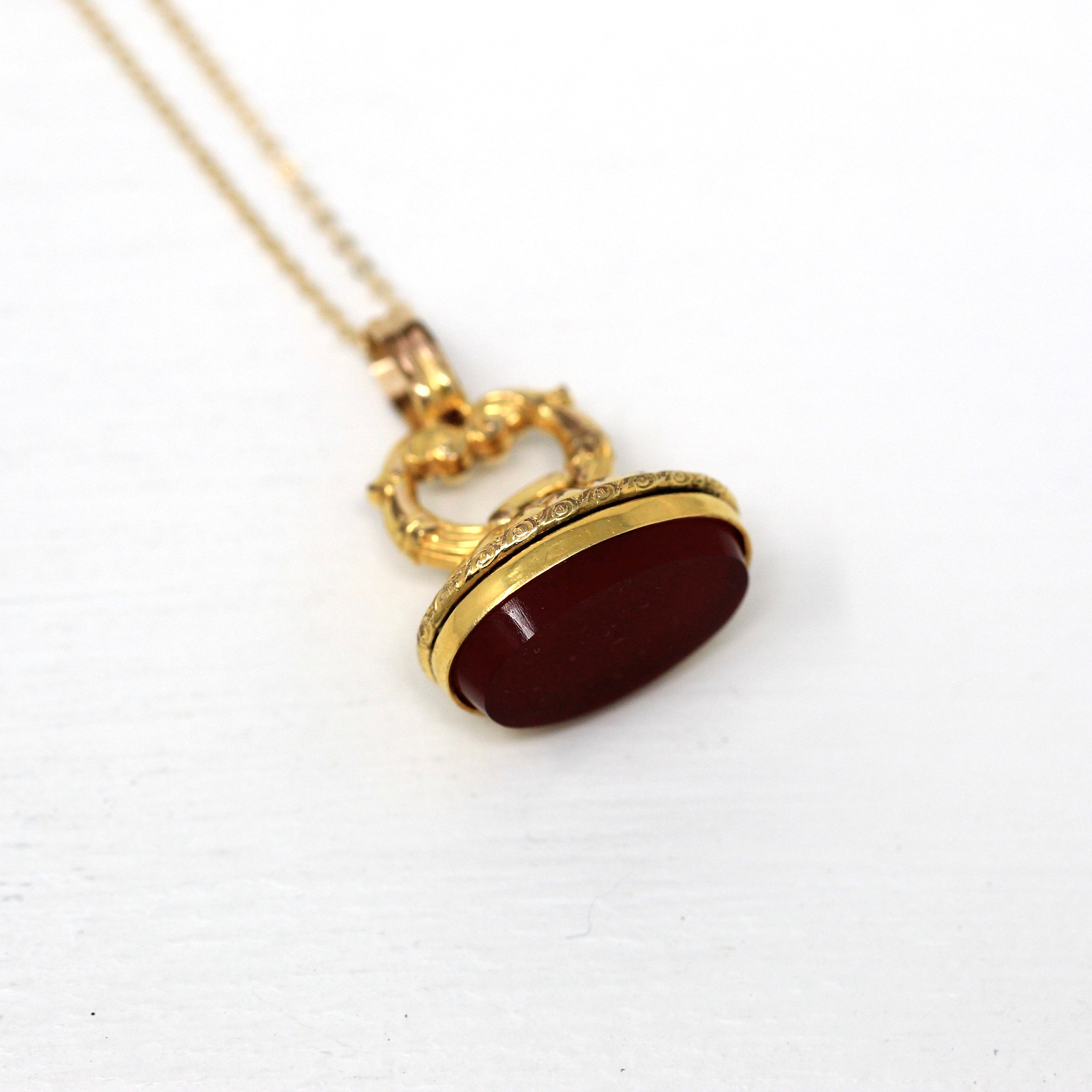 Antique Fob Necklace - Victorian Yellow Gold Filled Simulated Carnelian Oval Red Glass Pendant - Vintage Circa 1890s Era Unique Jewelry