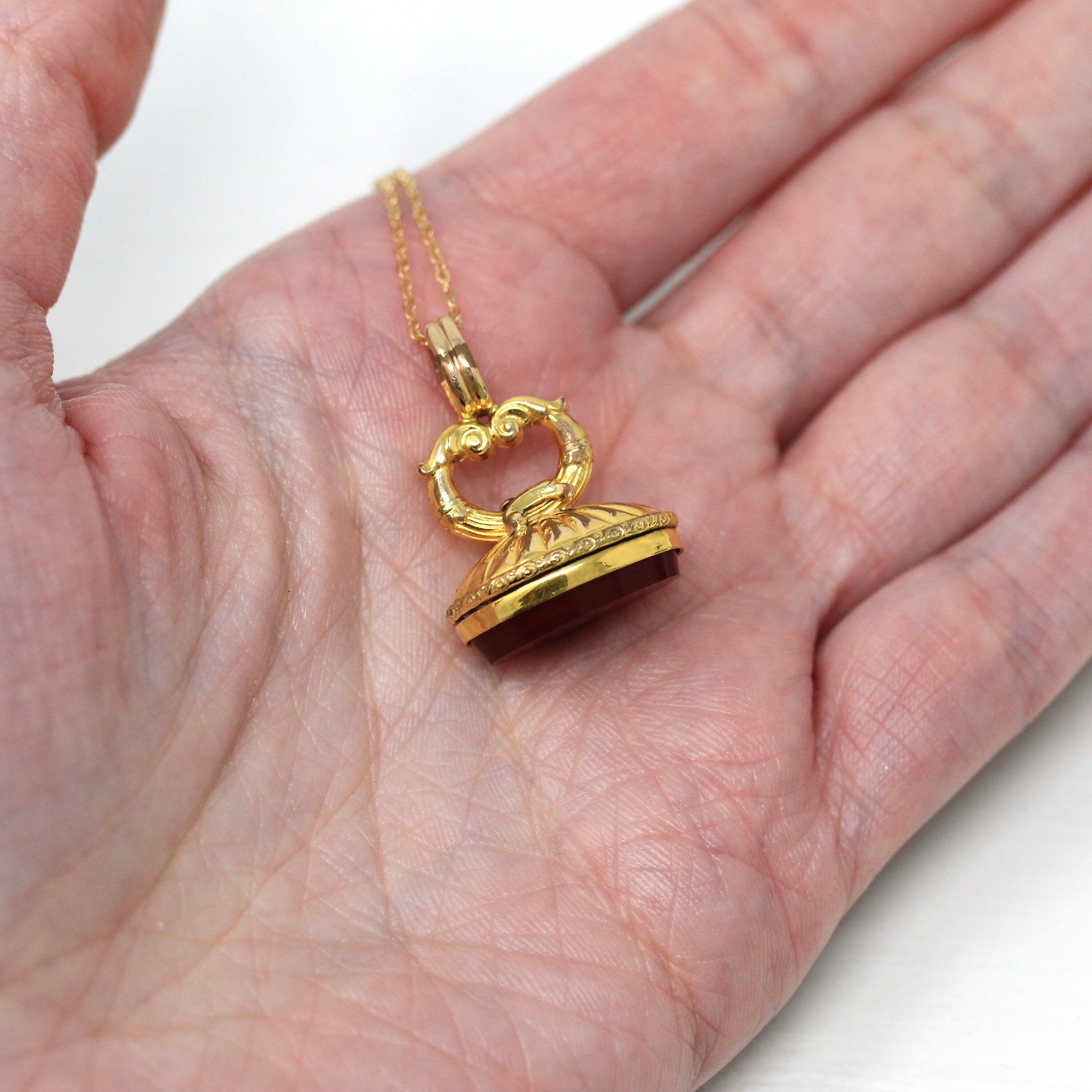 Antique Fob Necklace Victorian Yellow Gold Filled Simulated Carnelian Oval Red Glass Pendant Vintage Circa 1890s Era Unique Jewelry Add 10K 18 16