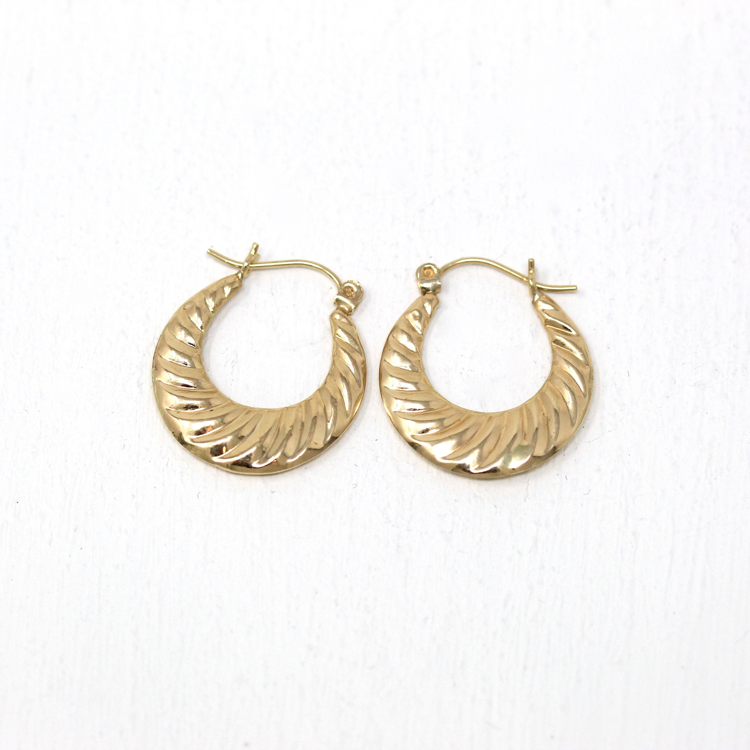 Croissant Hoop Earrings - Estate 14k Yellow Gold Latch Lever Backs Door Knockers - Vintage Circa 1990s Era Etched Designs Light Jewelry