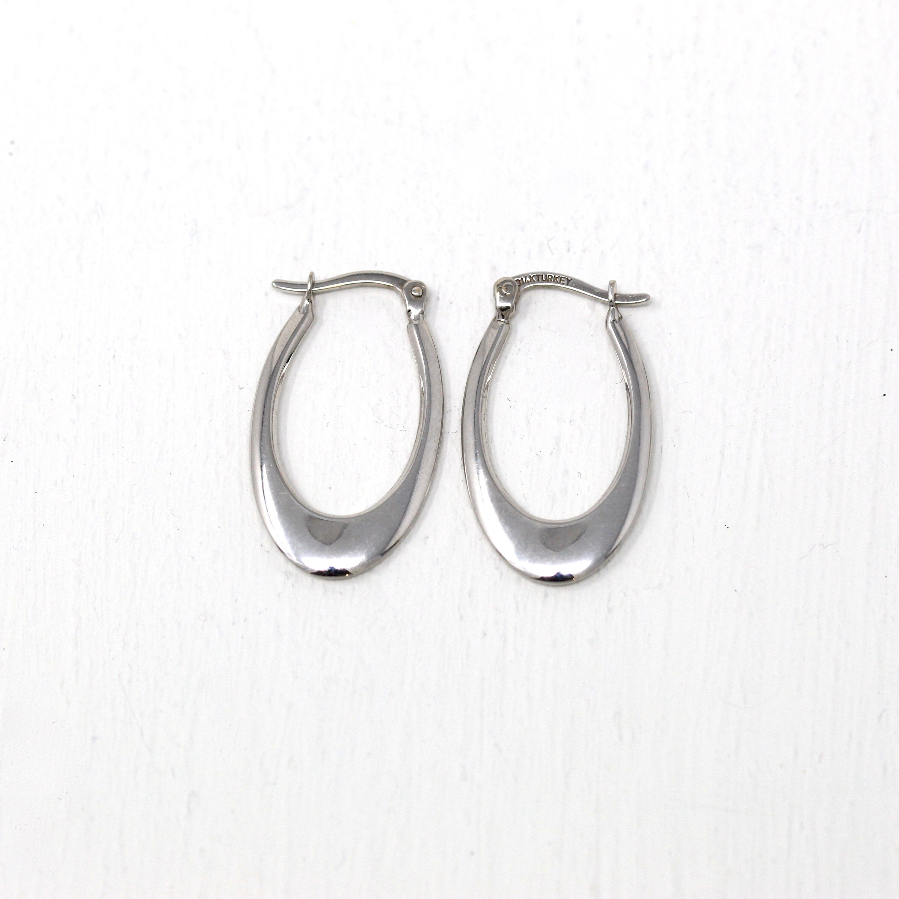 Modern Gold Hoops - Estate 14k White Gold Latch Back Light Weight Earring Pair - 2000's Silver Tone Classic Oval Fine 1 Inch Y2K Jewelry