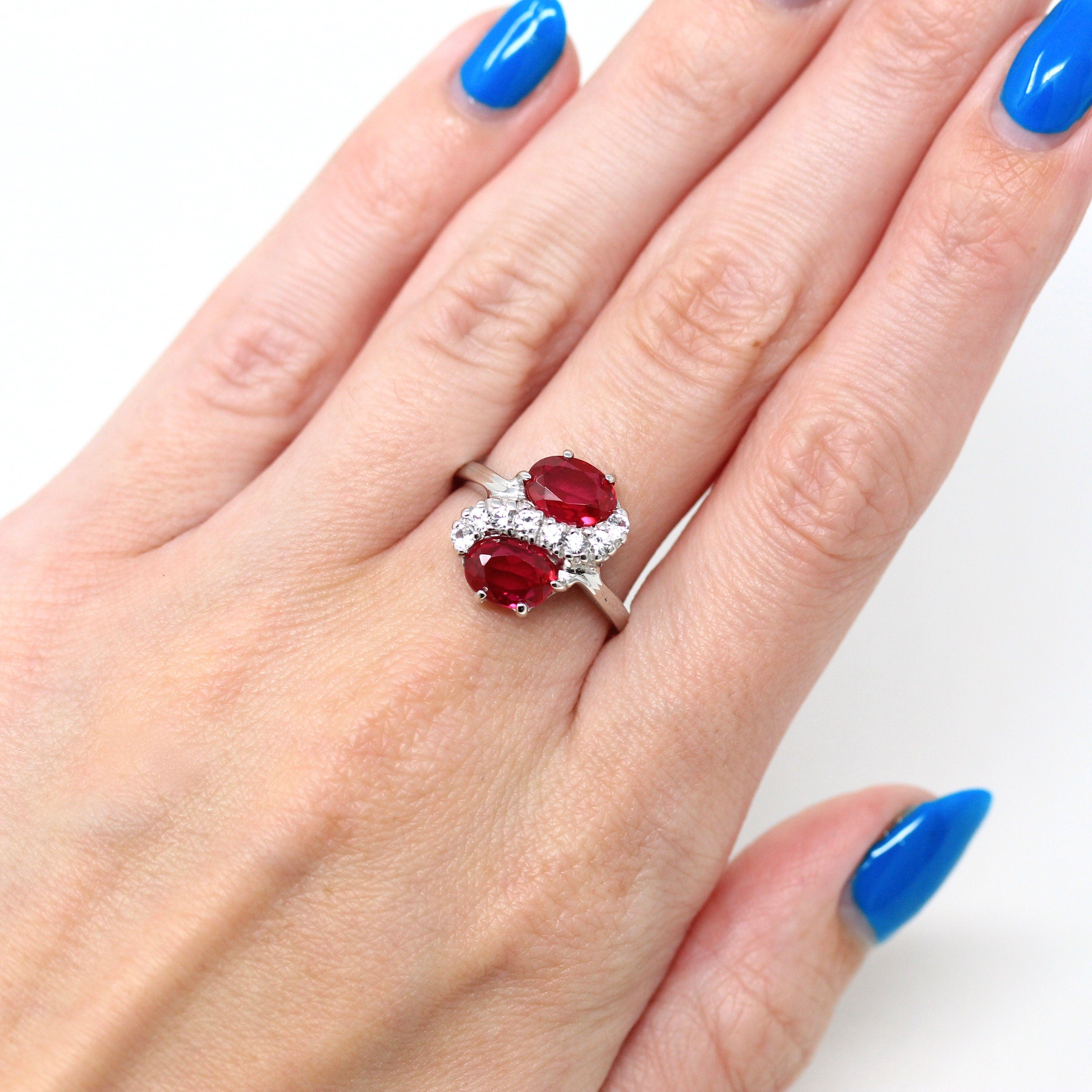 Created Ruby Ring - Retro 10k White Gold Oval Faceted 2.16 CTW & White Accent Stones - Vintage 1960s Size 7 3/4 July Birthstone Jewelry