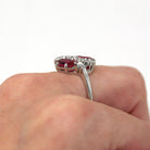 Created Ruby Ring - Retro 10k White Gold Oval Faceted 2.16 CTW & White Accent Stones - Vintage 1960s Size 7 3/4 July Birthstone Jewelry