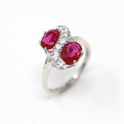 Created Ruby Ring - Retro 10k White Gold Oval Faceted 2.16 CTW & White Accent Stones - Vintage 1960s Size 7 3/4 July Birthstone Jewelry