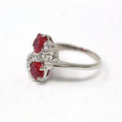 Created Ruby Ring - Retro 10k White Gold Oval Faceted 2.16 CTW & White Accent Stones - Vintage 1960s Size 7 3/4 July Birthstone Jewelry