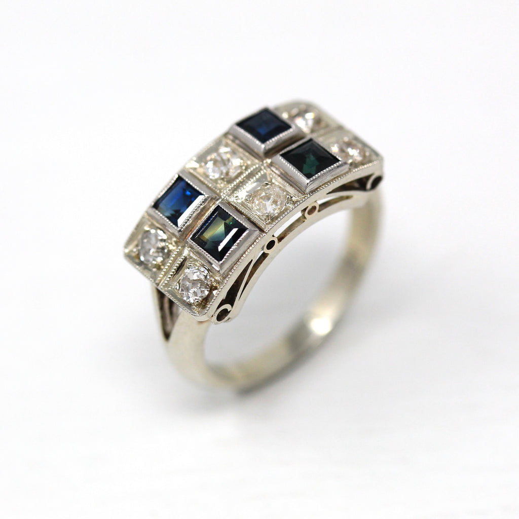 Mid Century Ring - Vintage 14k White Gold Diamond & Created Sapphire Two Row Cocktail Band - 1950s Size 6 Fine 50s Fine Jewelry