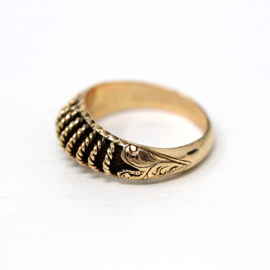 Antique Hair Ring - Victorian 10k Yellow Gold Braided Woven Brown Hair - Vintage Circa Mid 1800s Era Mourning Style Symbolic Fine Jewelry