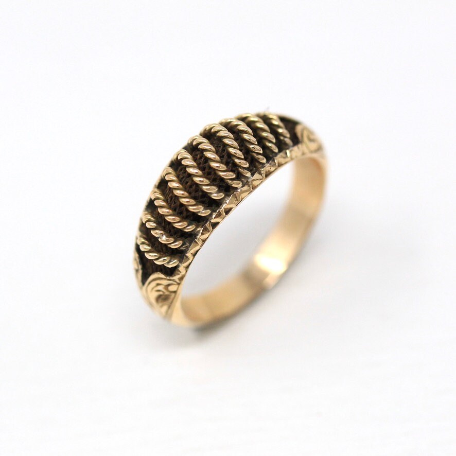 Antique Hair Ring - Victorian 10k Yellow Gold Braided Woven Brown Hair - Vintage Circa Mid 1800s Era Mourning Style Symbolic Fine Jewelry