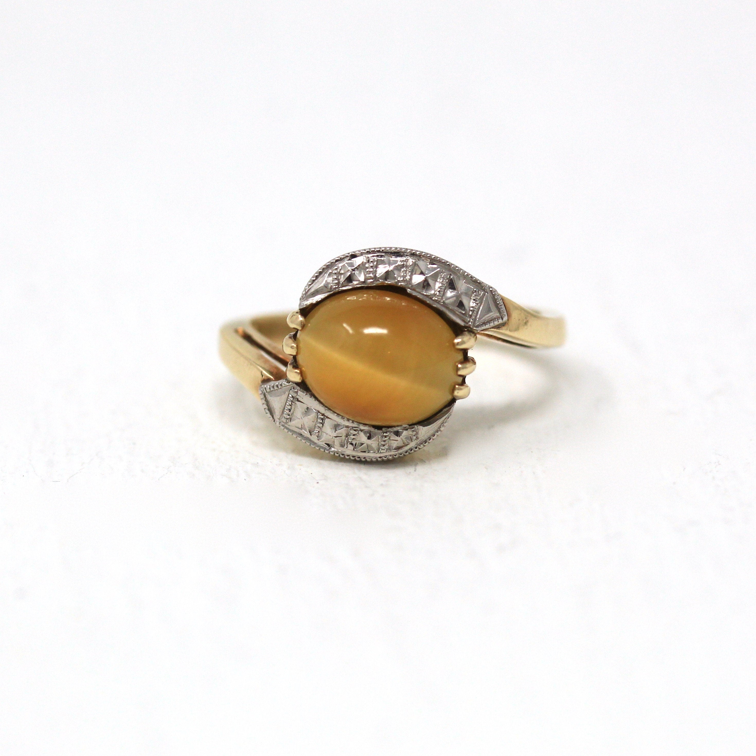 Tiger's Eye Ring - Retro 10k Yellow & White Gold 1.92 Ct Genuine Brown Gem - Vintage Circa 1940s Era Size 4 1/2 Cabochon Bypass Fine Jewelry