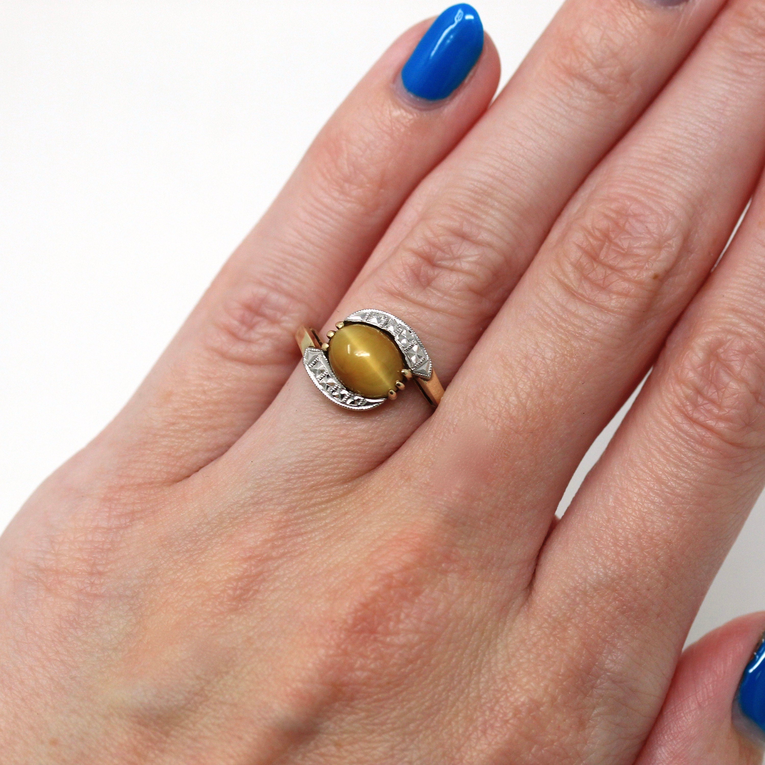 Tiger's Eye Ring - Retro 10k Yellow & White Gold 1.92 Ct Genuine Brown Gem - Vintage Circa 1940s Era Size 4 1/2 Cabochon Bypass Fine Jewelry