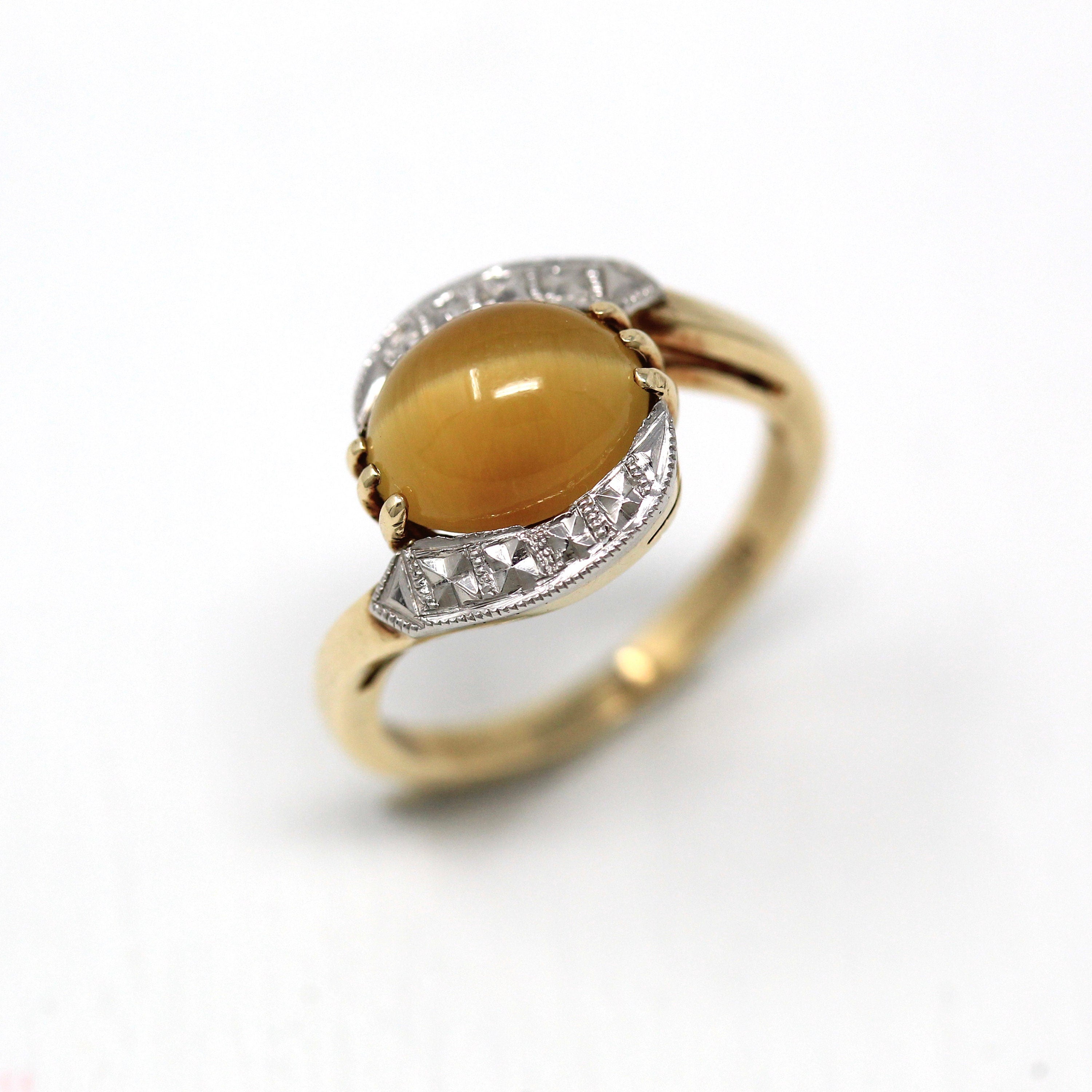 Tiger's Eye Ring - Retro 10k Yellow & White Gold 1.92 Ct Genuine Brown Gem - Vintage Circa 1940s Era Size 4 1/2 Cabochon Bypass Fine Jewelry