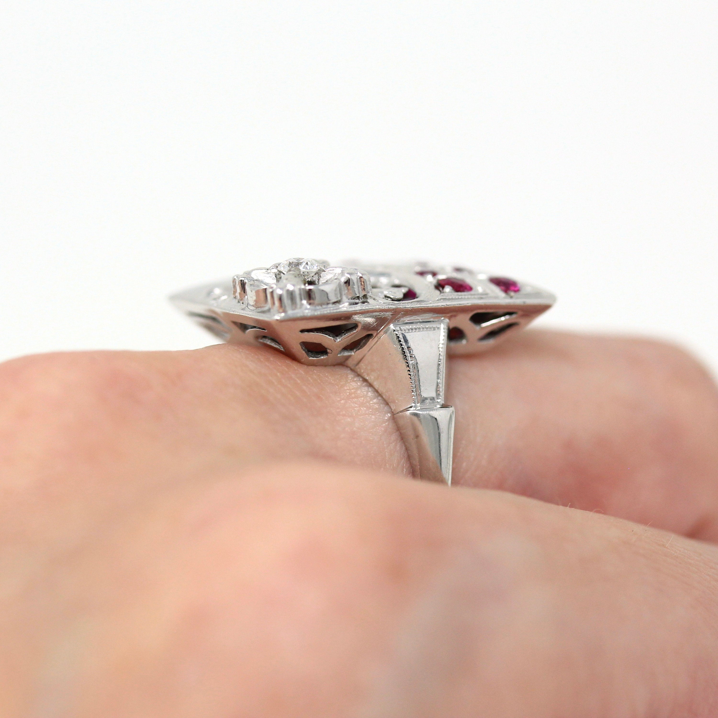 Mid Century Ring - Vintage 14k White Gold .08 CT Diamond Gem Statement - Circa 1950s Era Size 7 1/4 Cocktail Fine Created Ruby Jewelry