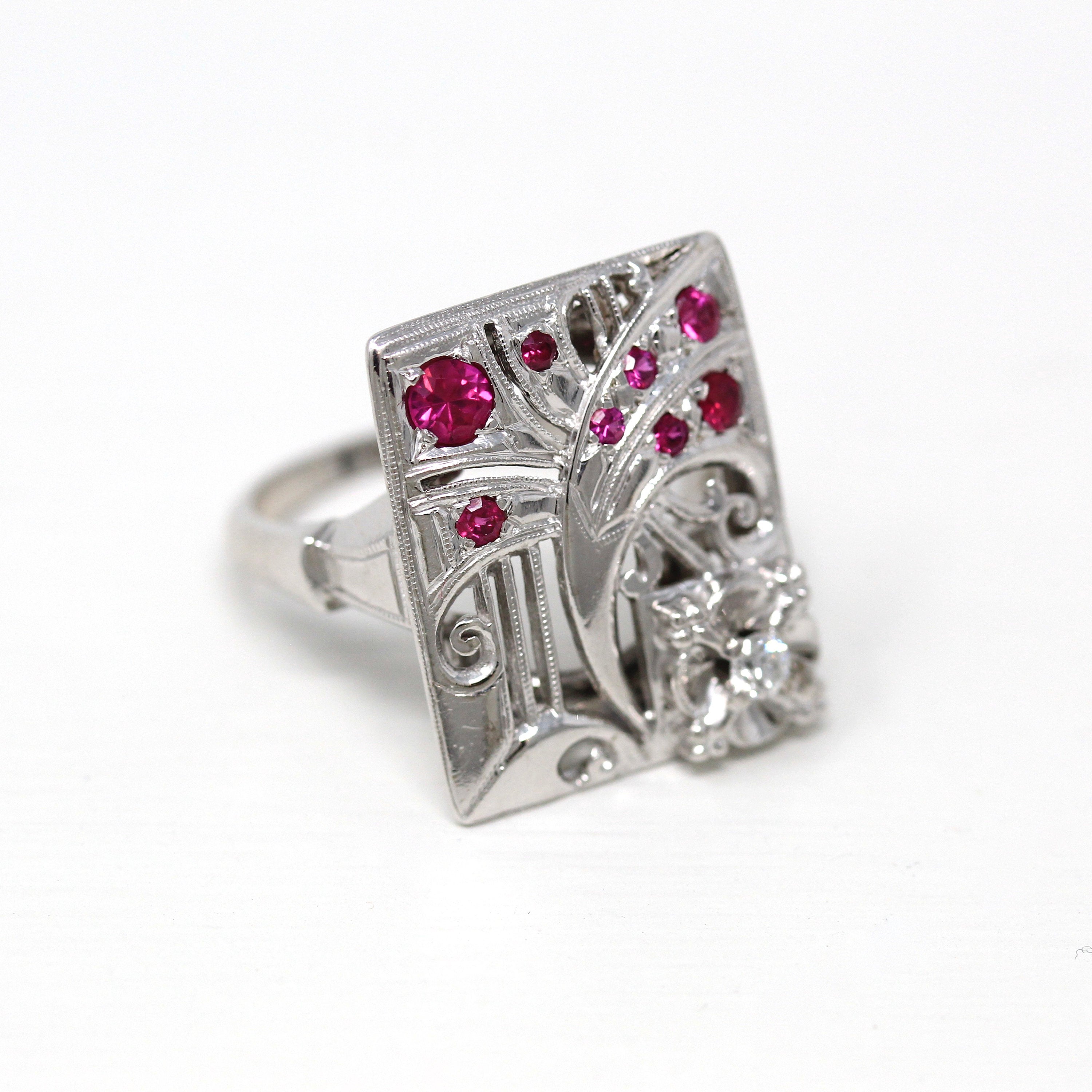 Mid Century Ring - Vintage 14k White Gold .08 CT Diamond Gem Statement - Circa 1950s Era Size 7 1/4 Cocktail Fine Created Ruby Jewelry