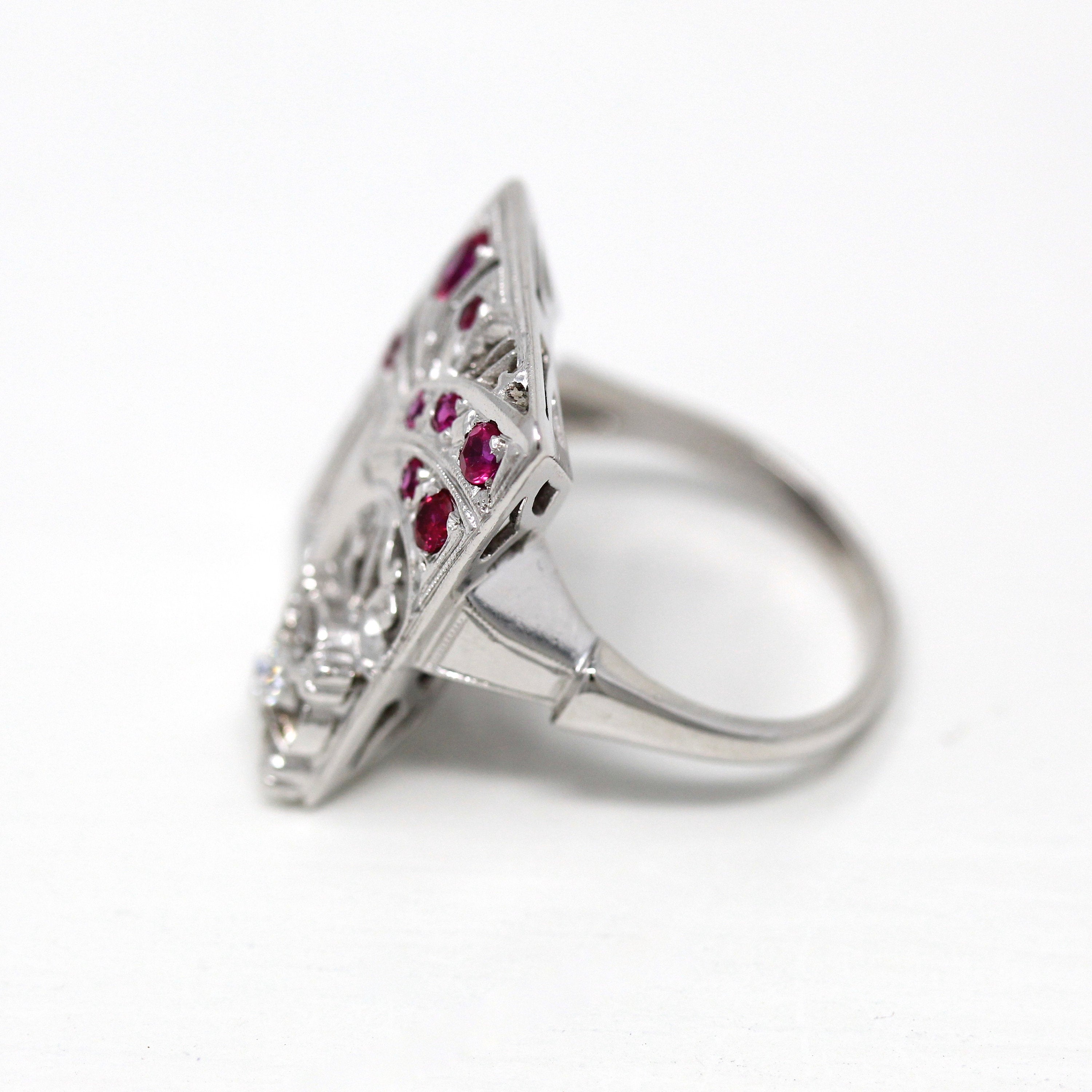 Mid Century Ring - Vintage 14k White Gold .08 CT Diamond Gem Statement - Circa 1950s Era Size 7 1/4 Cocktail Fine Created Ruby Jewelry