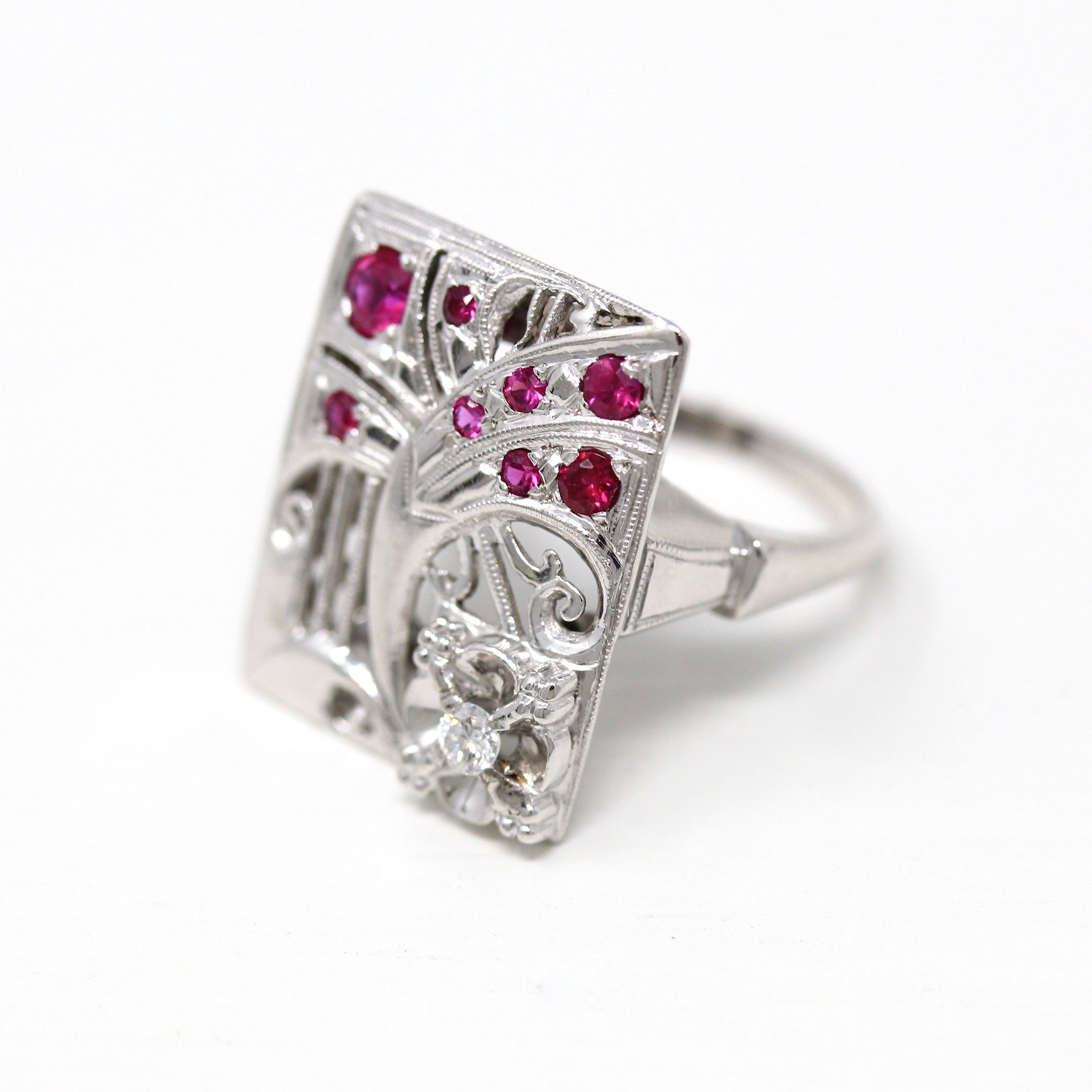 Mid Century Ring - Vintage 14k White Gold .08 CT Diamond Gem Statement - Circa 1950s Era Size 7 1/4 Cocktail Fine Created Ruby Jewelry