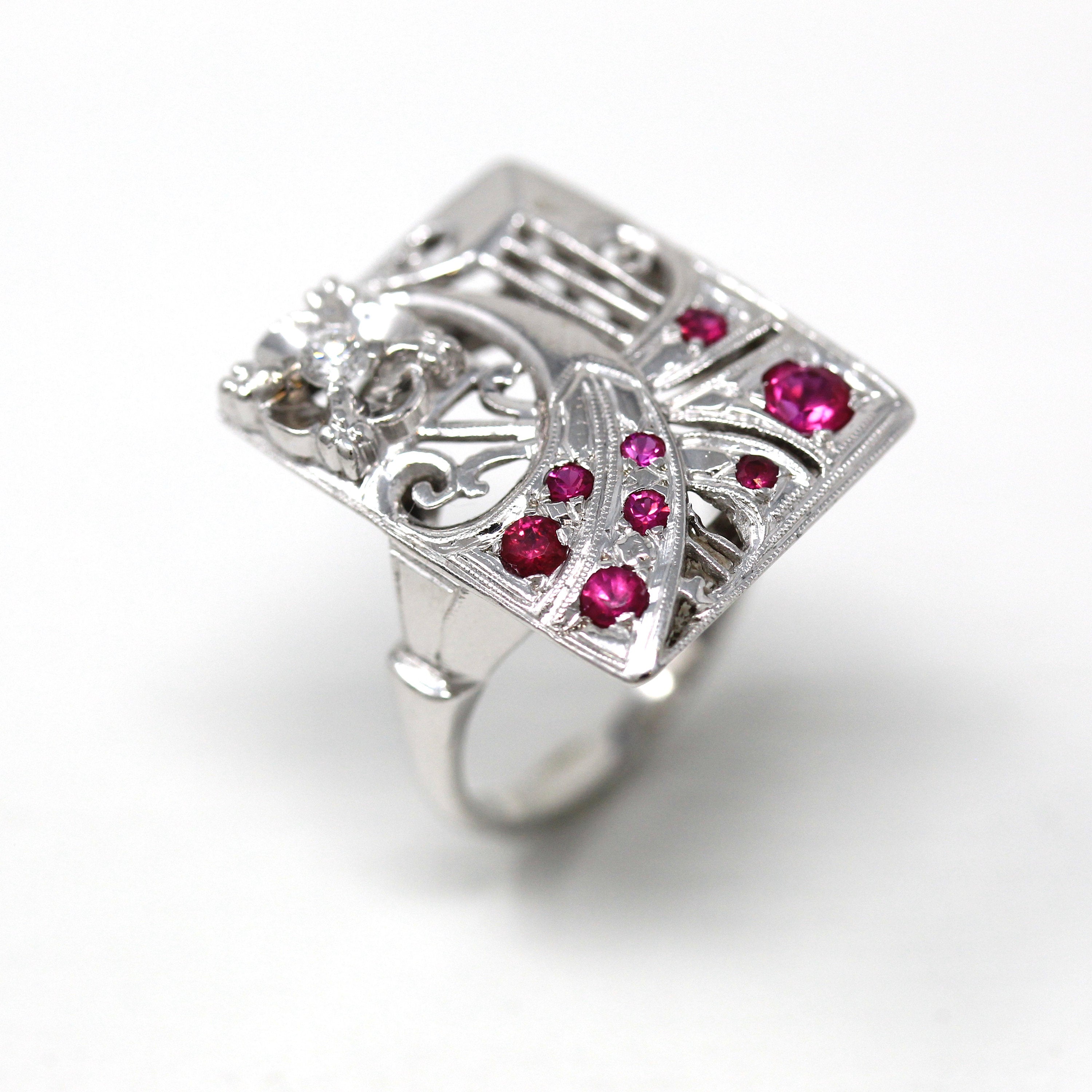 Mid Century Ring - Vintage 14k White Gold .08 CT Diamond Gem Statement - Circa 1950s Era Size 7 1/4 Cocktail Fine Created Ruby Jewelry