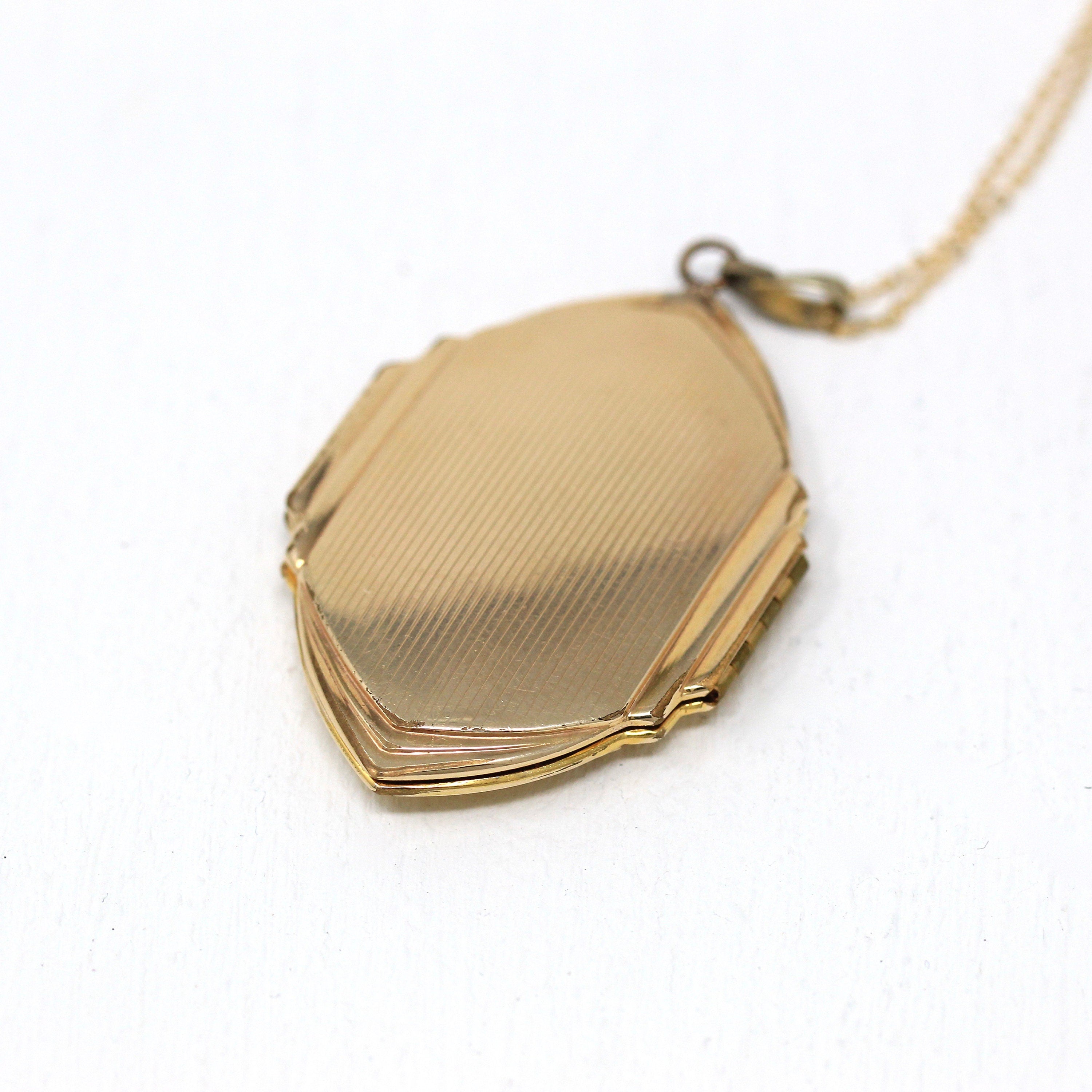 Vintage Photo Locket - Retro 10k Gold Filled Pinstripe Large Unique Shape Pendant Necklace - Circa 1940s Era Statement Dunn Bros 40s Jewelry