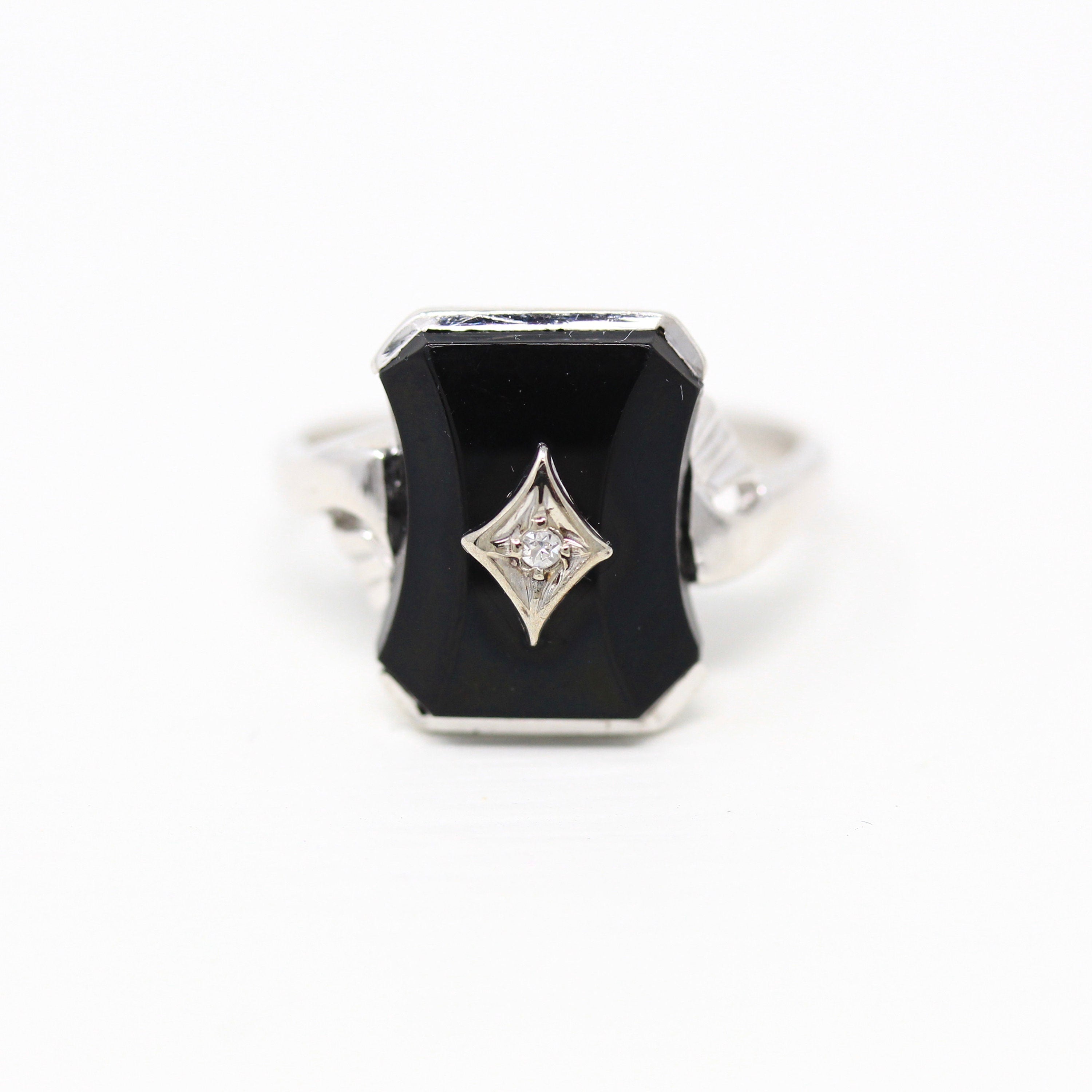 Vintage Onyx Ring - Mid Century 10k White Gold Genuine Diamond & Black Gem Statement - Circa 1950s Era Size 5.25 Gemstone Fine Jewelry