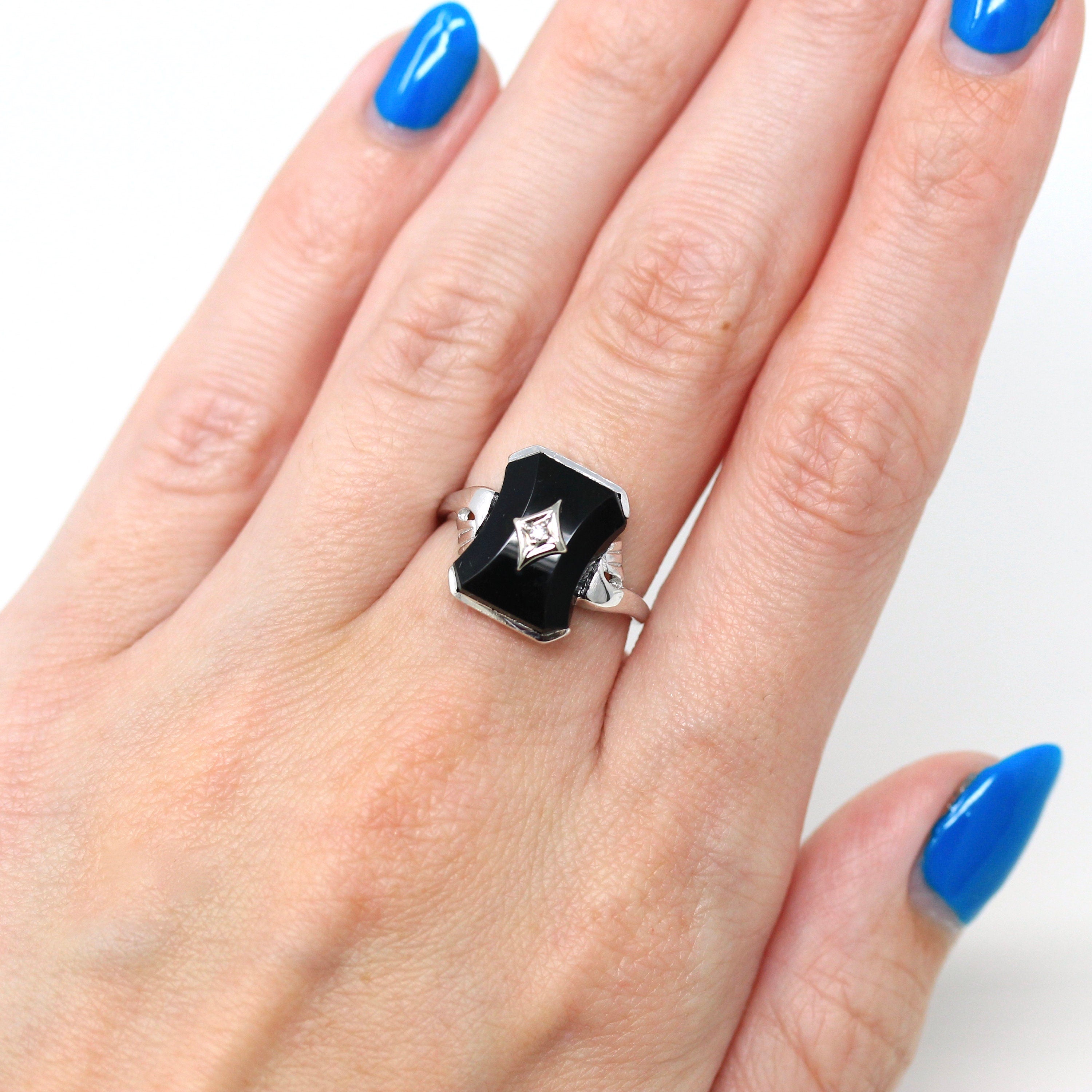 Vintage Onyx Ring - Mid Century 10k White Gold Genuine Diamond & Black Gem Statement - Circa 1950s Era Size 5.25 Gemstone Fine Jewelry