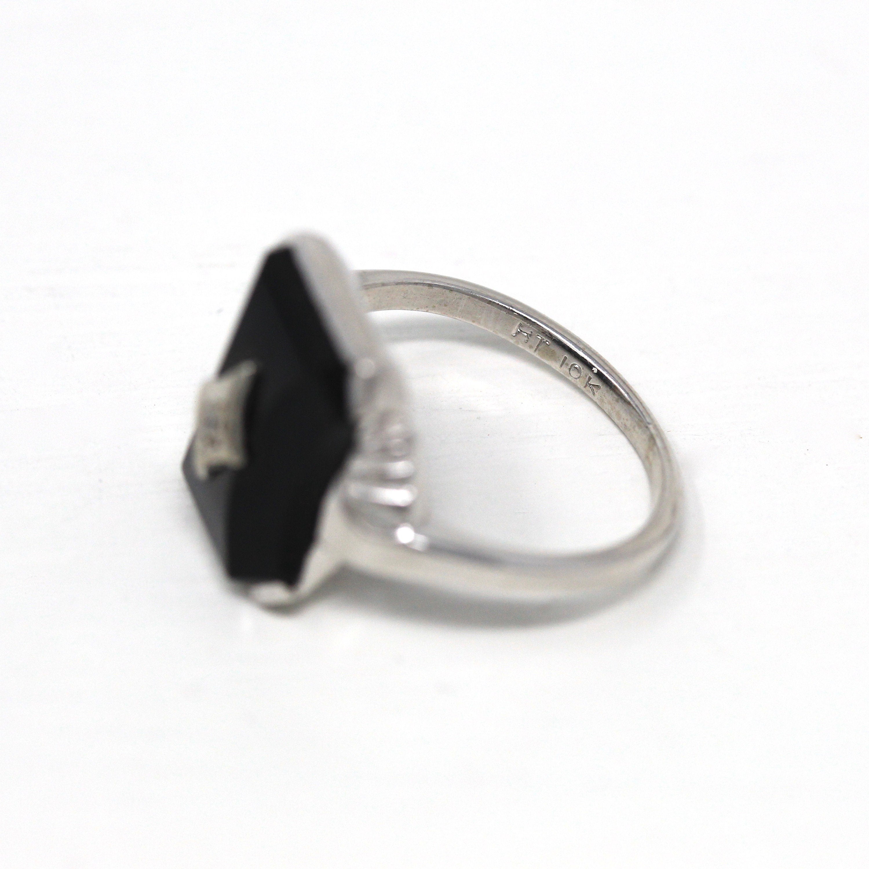 Vintage Onyx Ring - Mid Century 10k White Gold Genuine Diamond & Black Gem Statement - Circa 1950s Era Size 5.25 Gemstone Fine Jewelry