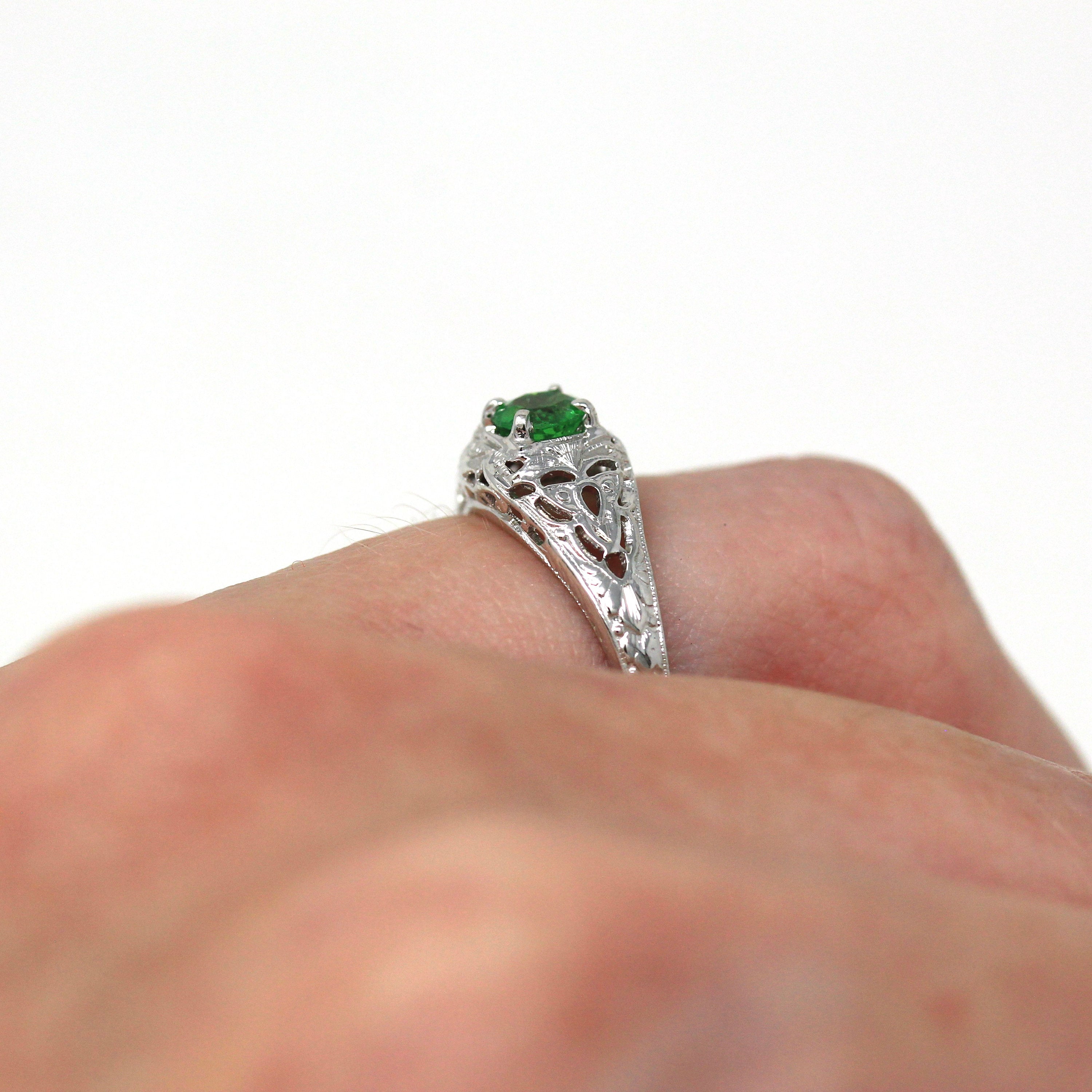 Genuine Green Garnet Ring - Art Deco 18k White Gold Filigree Round .36 CT Grossular Gem - Vintage Circa 1930s Size 5 1/4 Solitaire Jewelry