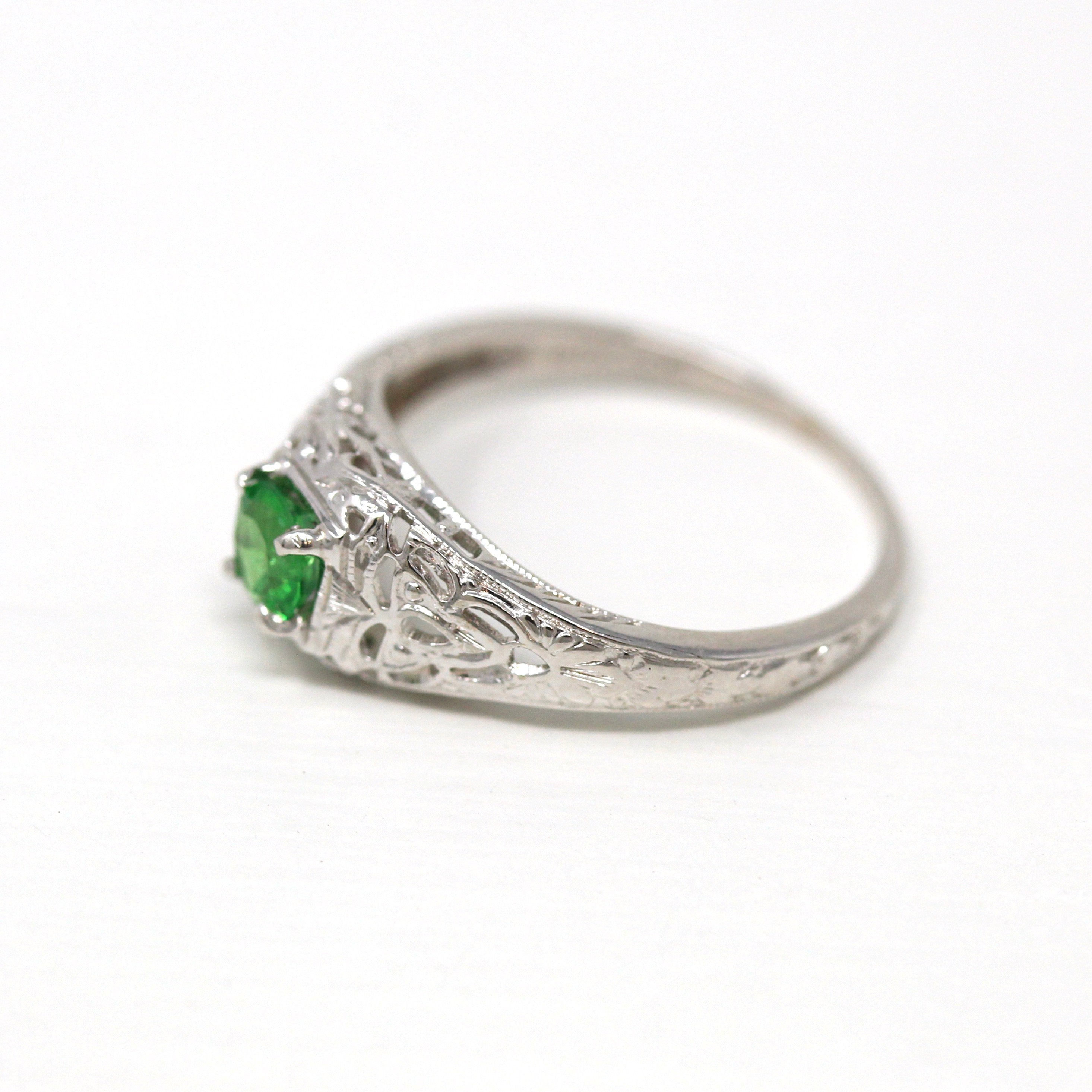 Genuine Green Garnet Ring - Art Deco 18k White Gold Filigree Round .36 CT Grossular Gem - Vintage Circa 1930s Size 5 1/4 Solitaire Jewelry