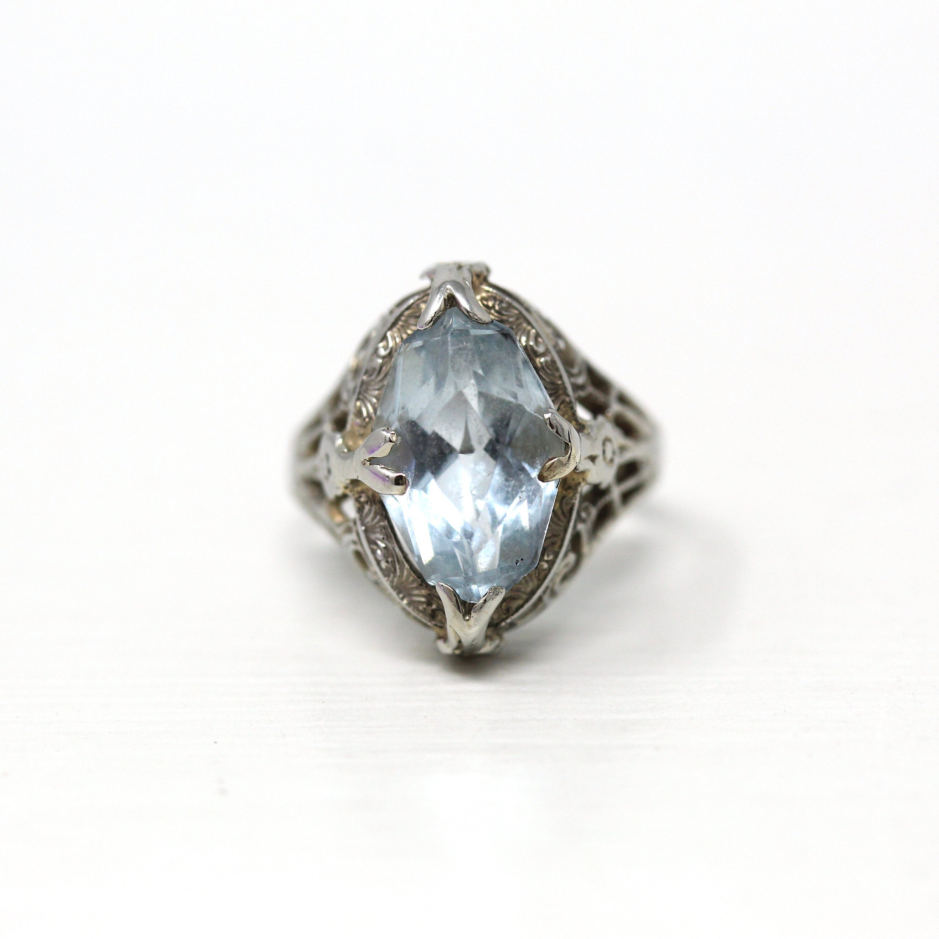 Vintage Aquamarine Ring - Art Deco Era 14k White Gold Marquise Cut 2.17 CT Blue Gem - Vintage 1930s Era Size 3 March Birthstone Fine Jewelry