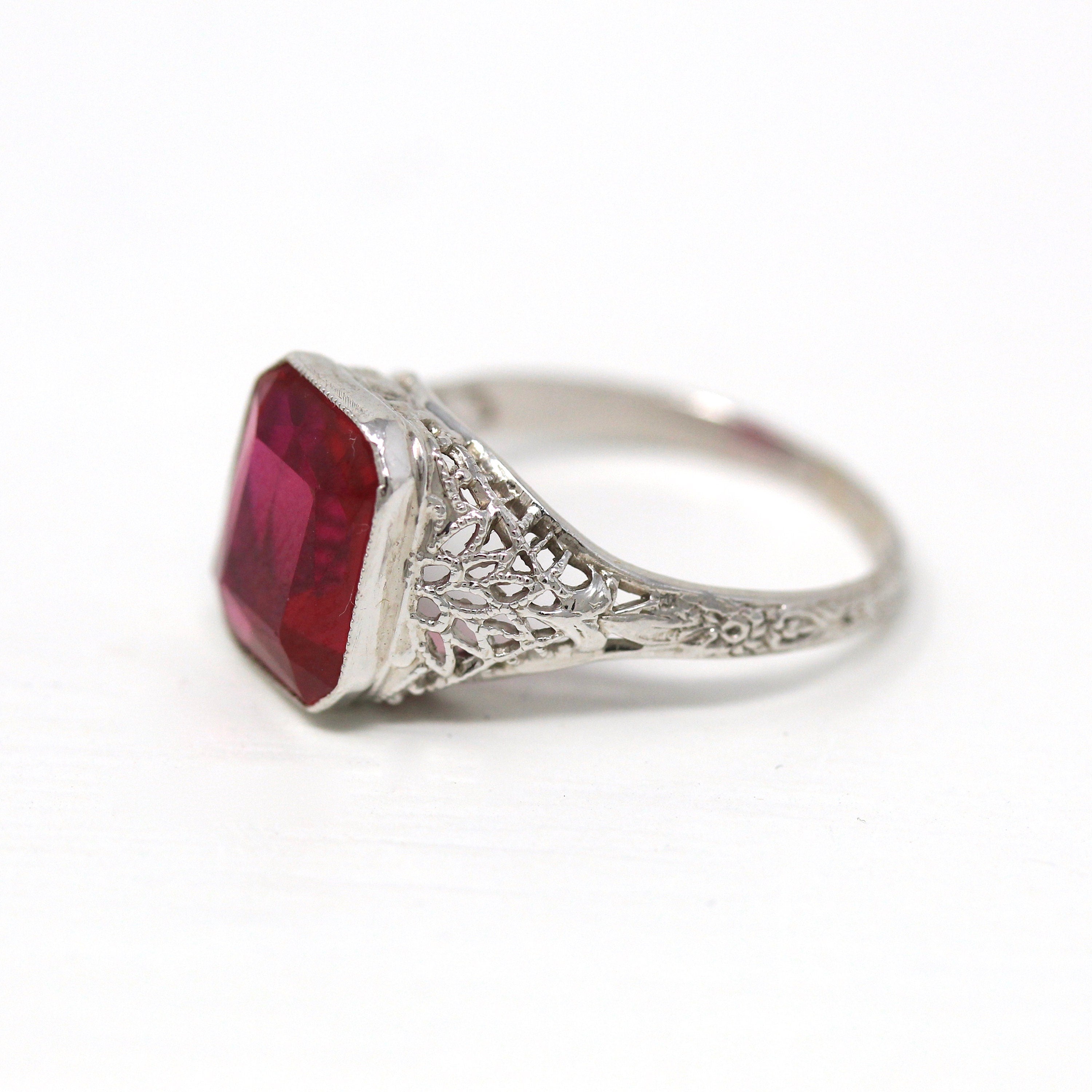 Created Ruby Ring - Art Deco 14k White Gold Filigree Faceted 3.27 CT Statement - Vintage 1930s Era Size 5 July Birthstone Fine Jewelry