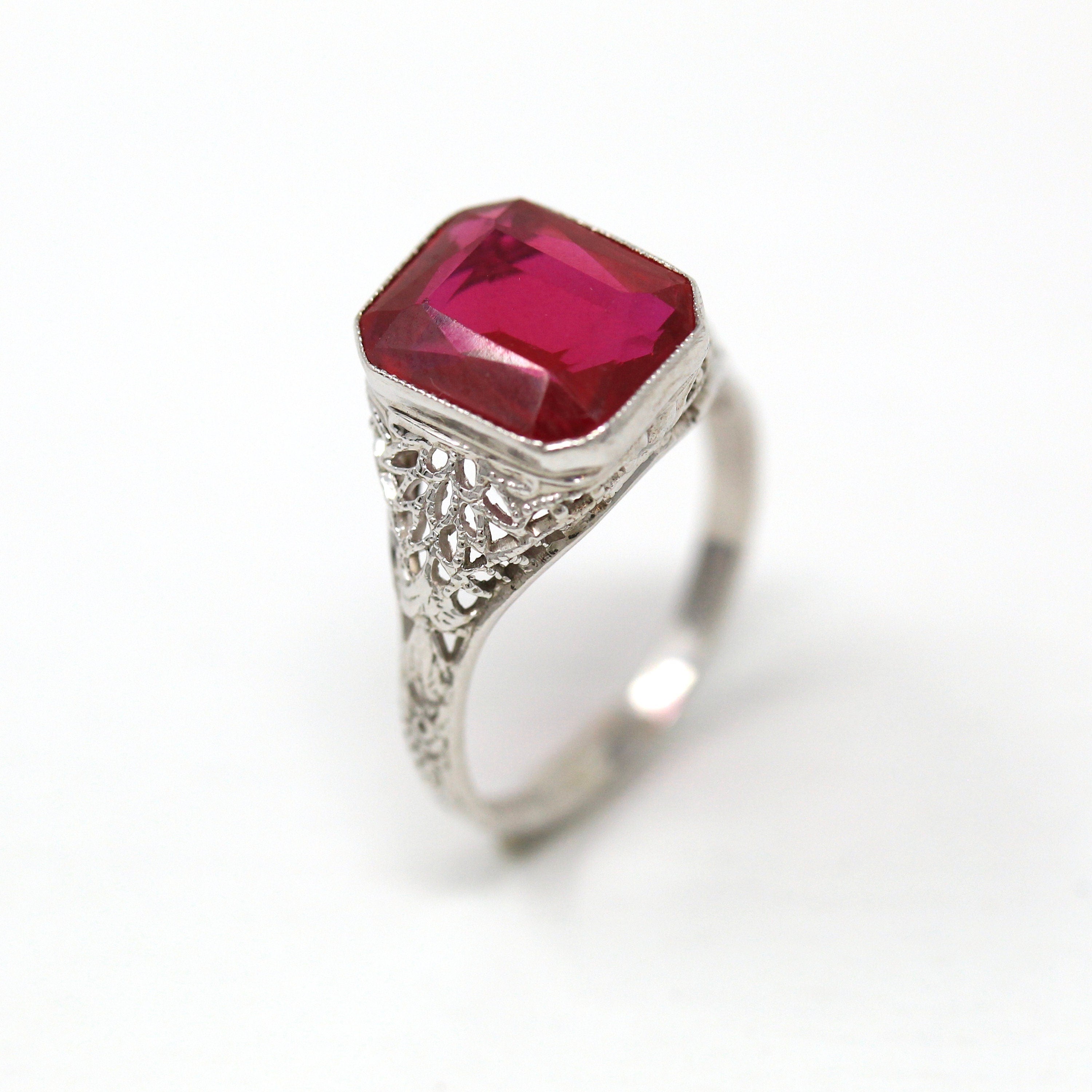 Created Ruby Ring - Art Deco 14k White Gold Filigree Faceted 3.27 CT Statement - Vintage 1930s Era Size 5 July Birthstone Fine Jewelry