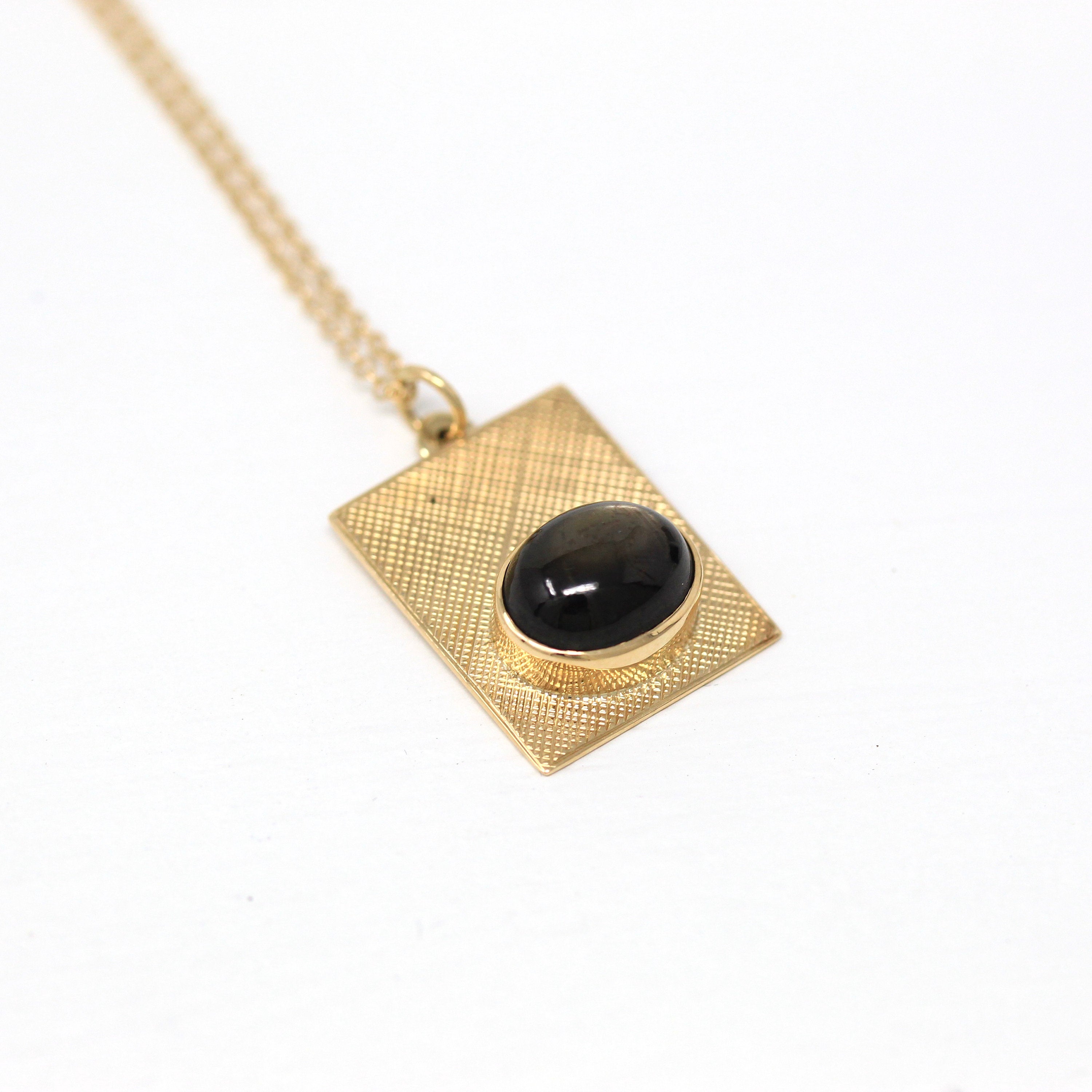 Black Star Sapphire Necklace - Retro 14k Yellow Gold Cabochon Cut Stone - Vintage Circa 1970s Era Pendant Rectangular Charm Fine 70s Jewelry