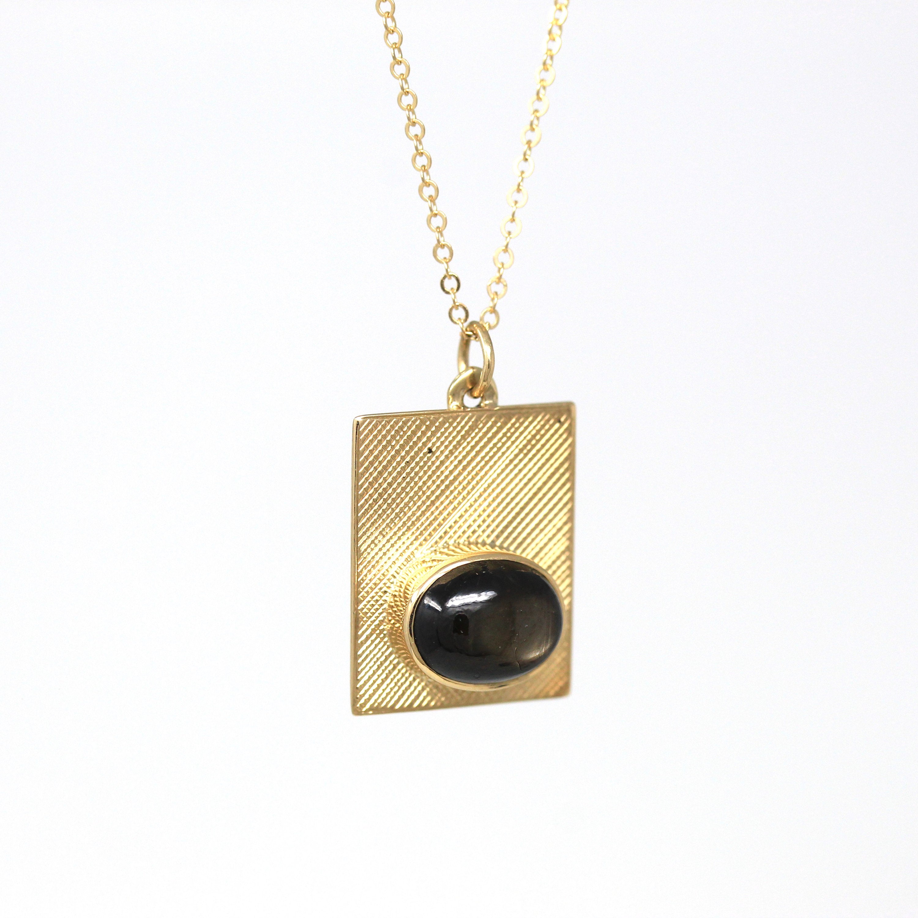 Black Star Sapphire Necklace - Retro 14k Yellow Gold Cabochon Cut Stone - Vintage Circa 1970s Era Pendant Rectangular Charm Fine 70s Jewelry