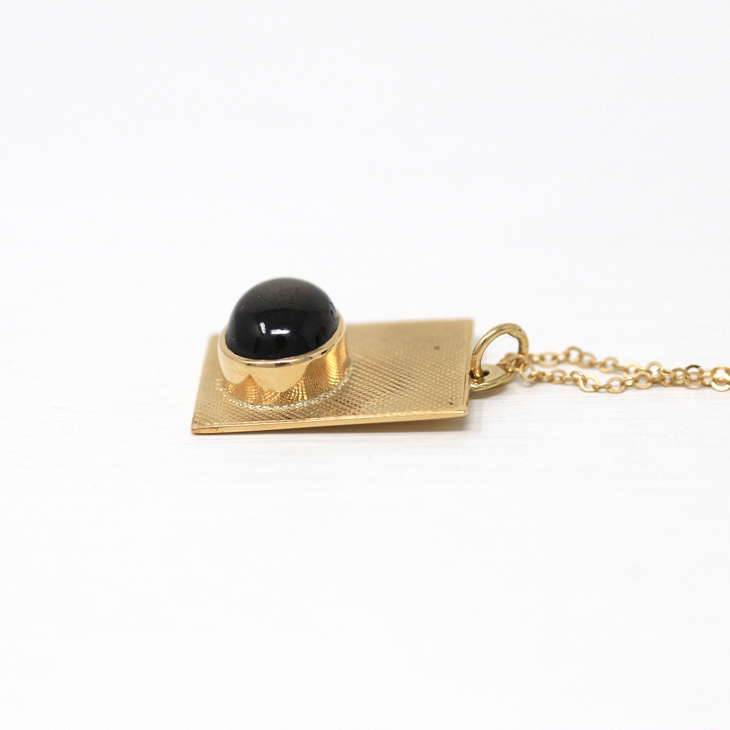 Black Star Sapphire Necklace - Retro 14k Yellow Gold Cabochon Cut Stone - Vintage Circa 1970s Era Pendant Rectangular Charm Fine 70s Jewelry