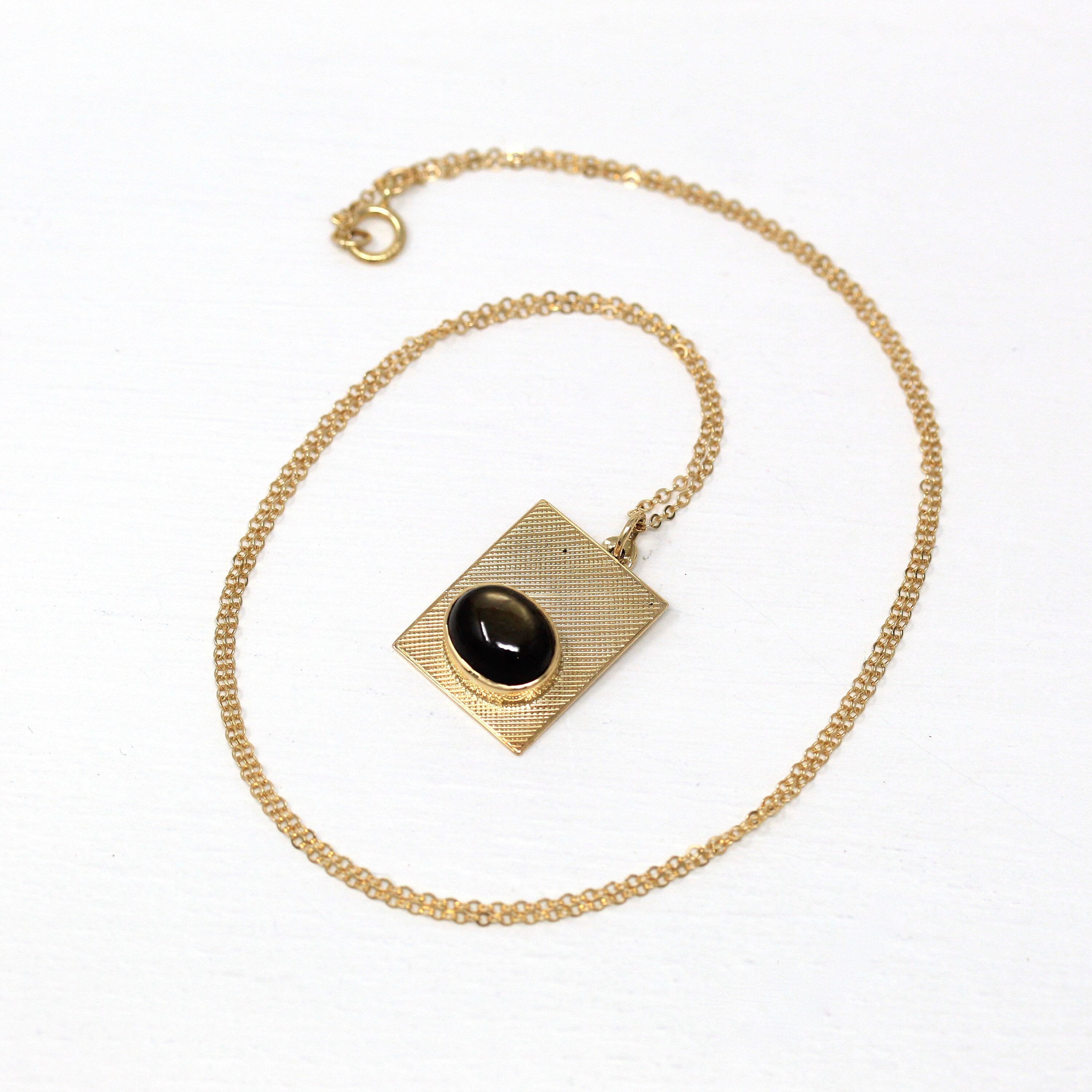 Black Star Sapphire Necklace - Retro 14k Yellow Gold Cabochon Cut Stone - Vintage Circa 1970s Era Pendant Rectangular Charm Fine 70s Jewelry