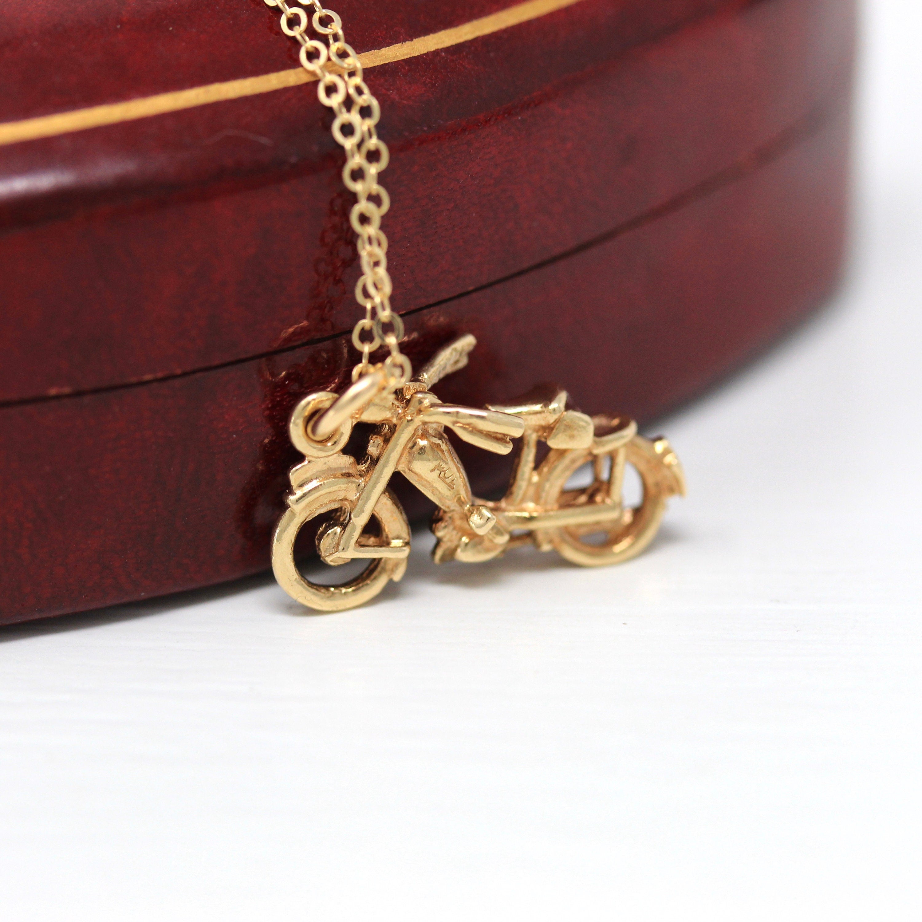 Vintage Motorcycle Charm - Retro 14k Yellow Gold Figural Pendant Necklace - 1960s Era Vehicle Transportation Bike 60s Fine Jewelry