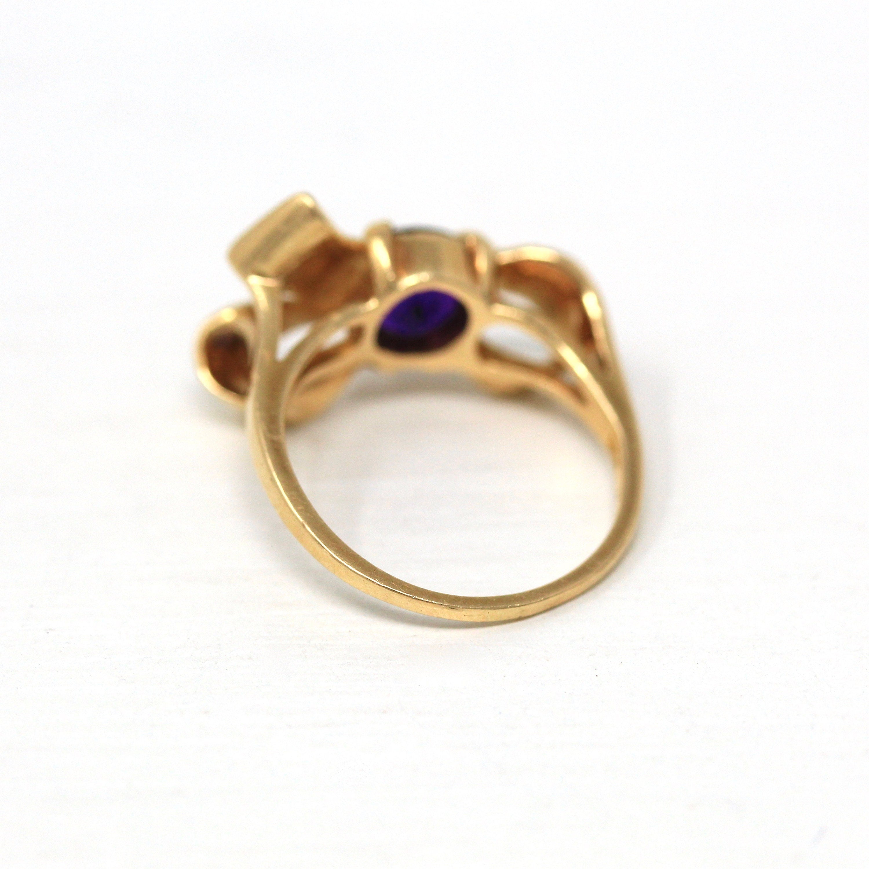 Genuine Amethyst Ring - Retro 14k Yellow Gold Round Faceted 0.91 CT Purple Gem - Vintage Circa 1940s Era Size 4.5 Bow Design Fine Jewelry