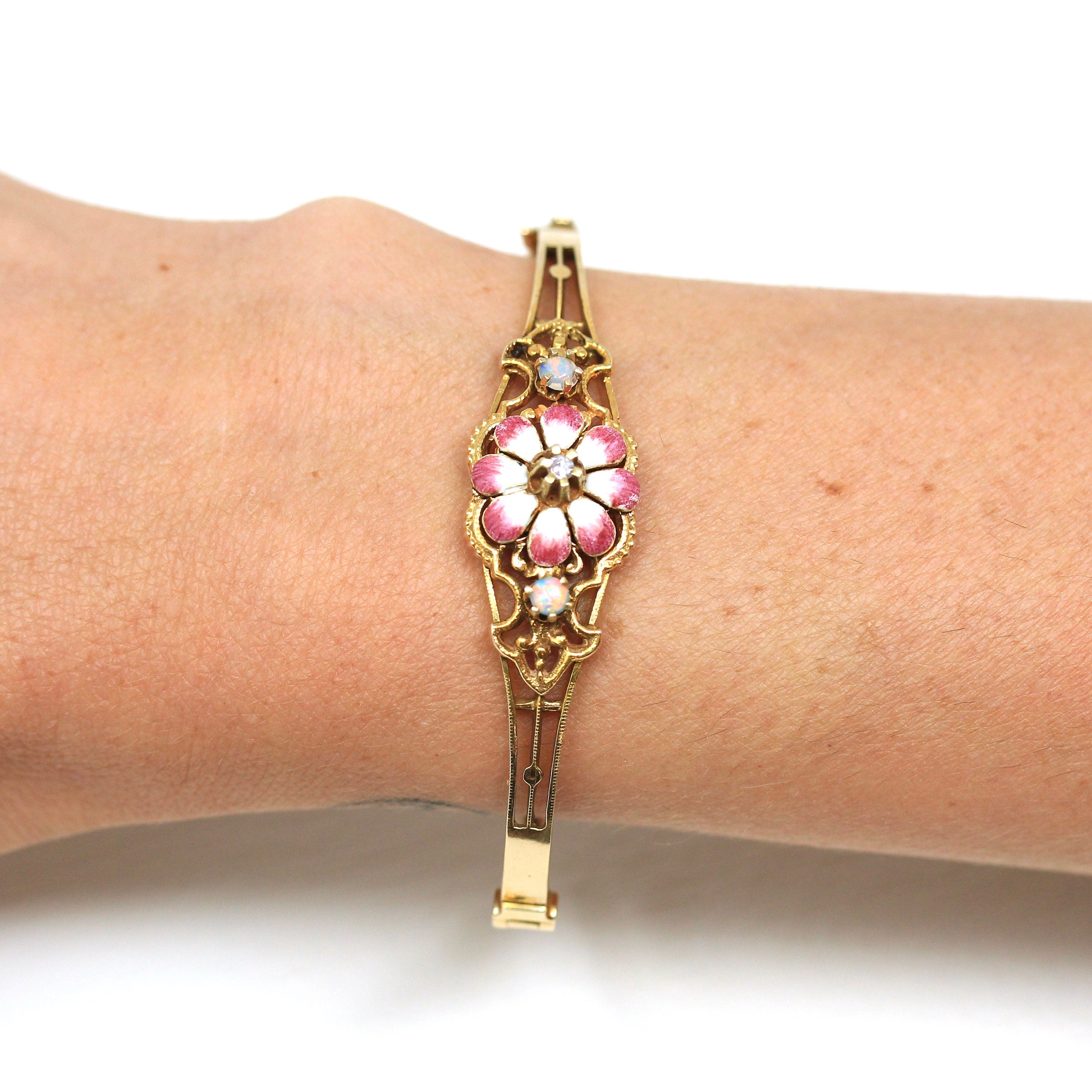 Art Nouveau Style Bracelet - Retro Era 14k Yellow Gold Genuine .03 CT Diamond Gem Bangle - Circa 1960s Enamel Flower & Opal Fine Jewelry