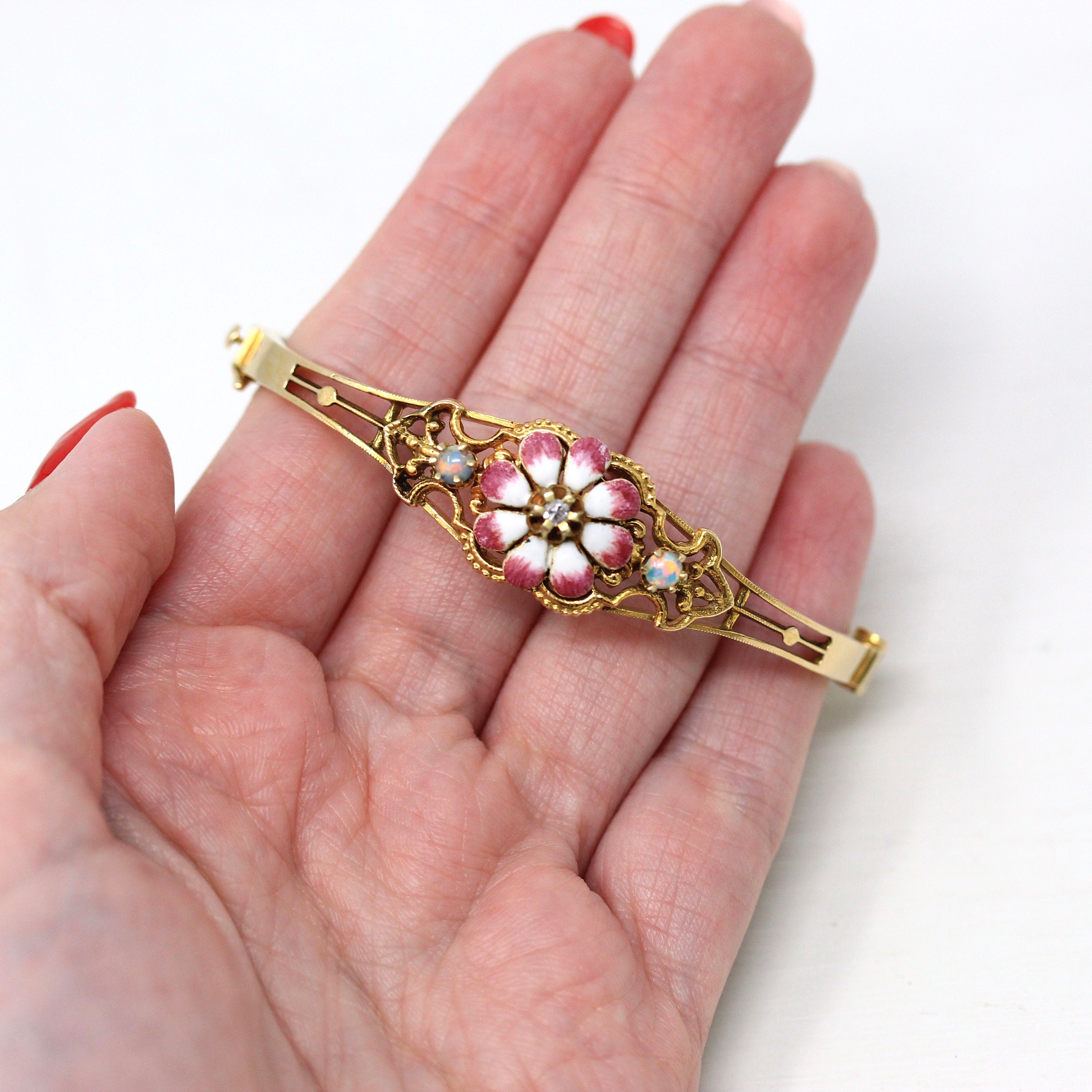 Art Nouveau Style Bracelet - Retro Era 14k Yellow Gold Genuine .03 CT Diamond Gem Bangle - Circa 1960s Enamel Flower & Opal Fine Jewelry