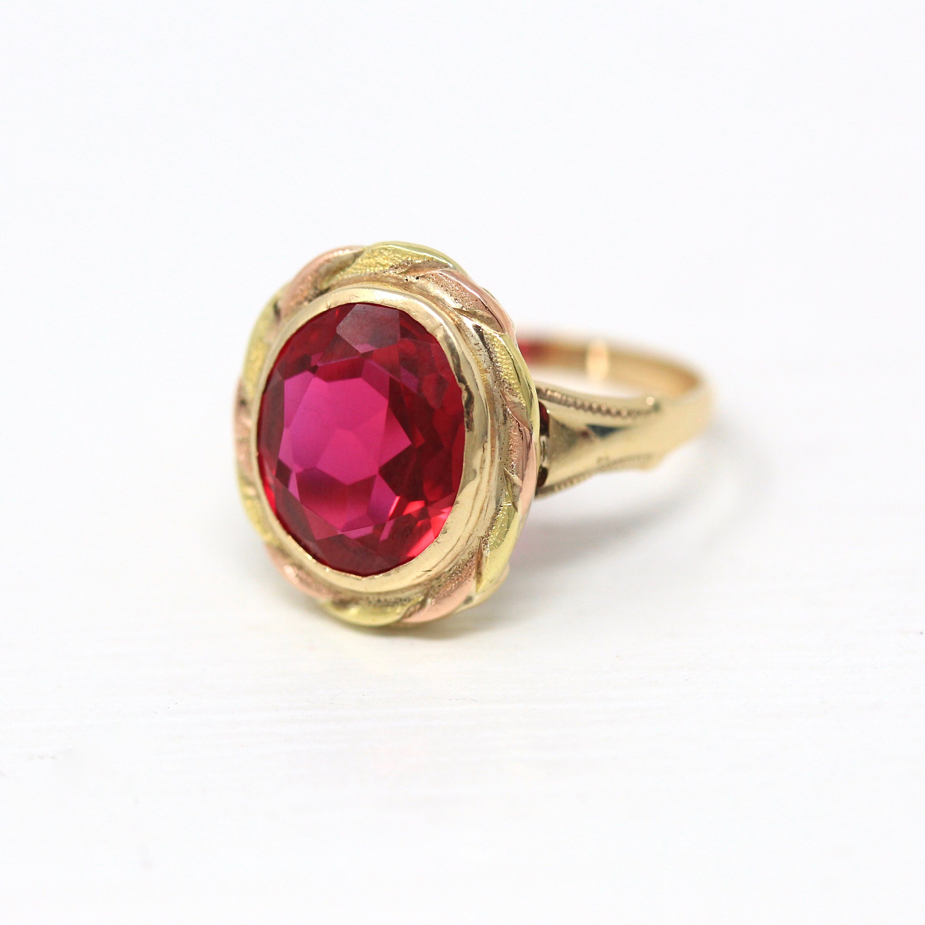 Created Ruby Ring - Vintage Retro 10k Yellow & Rose Gold Oval 4.24 Carat Statement - Circa 1940s Era Size 6 3/4 July Birthstone Fine Jewelry