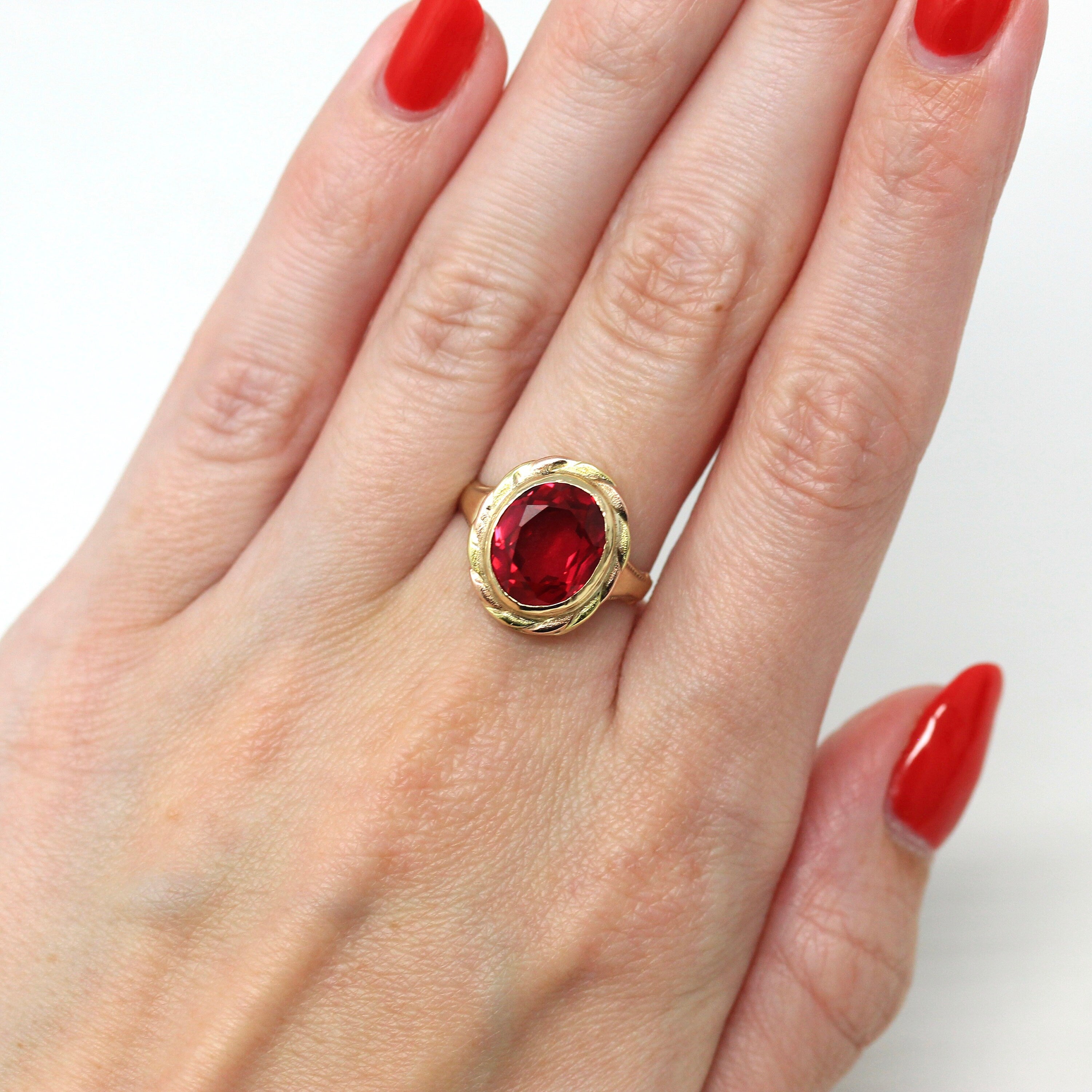 Created Ruby Ring - Vintage Retro 10k Yellow & Rose Gold Oval 4.24 Carat Statement - Circa 1940s Era Size 6 3/4 July Birthstone Fine Jewelry