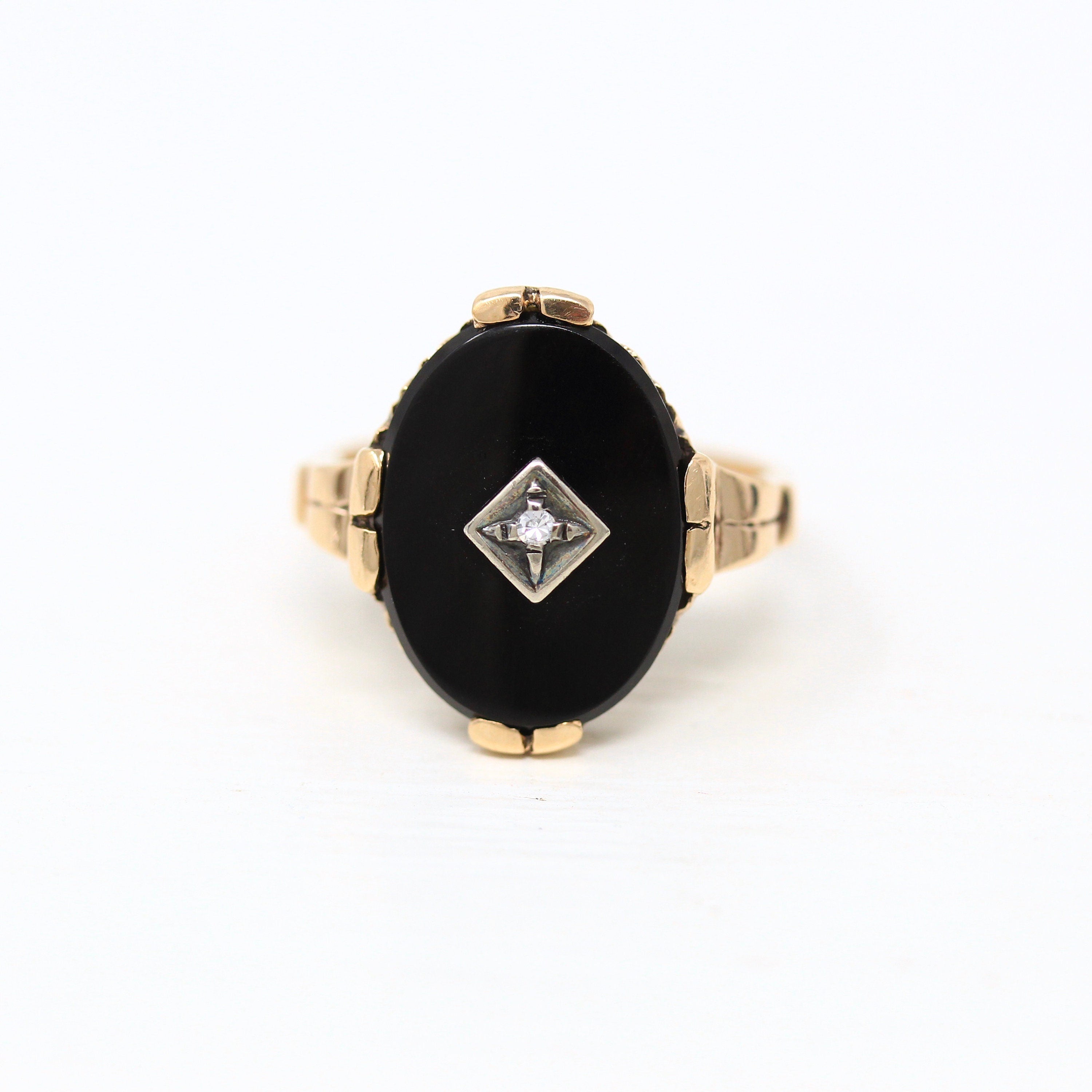 Genuine Onyx Ring - Vintage Retro 10k Yellow Gold Oval Black Gemstone Diamond Statement - 1940s Era Size 6 1/2 Fine 40s Gem Jewelry