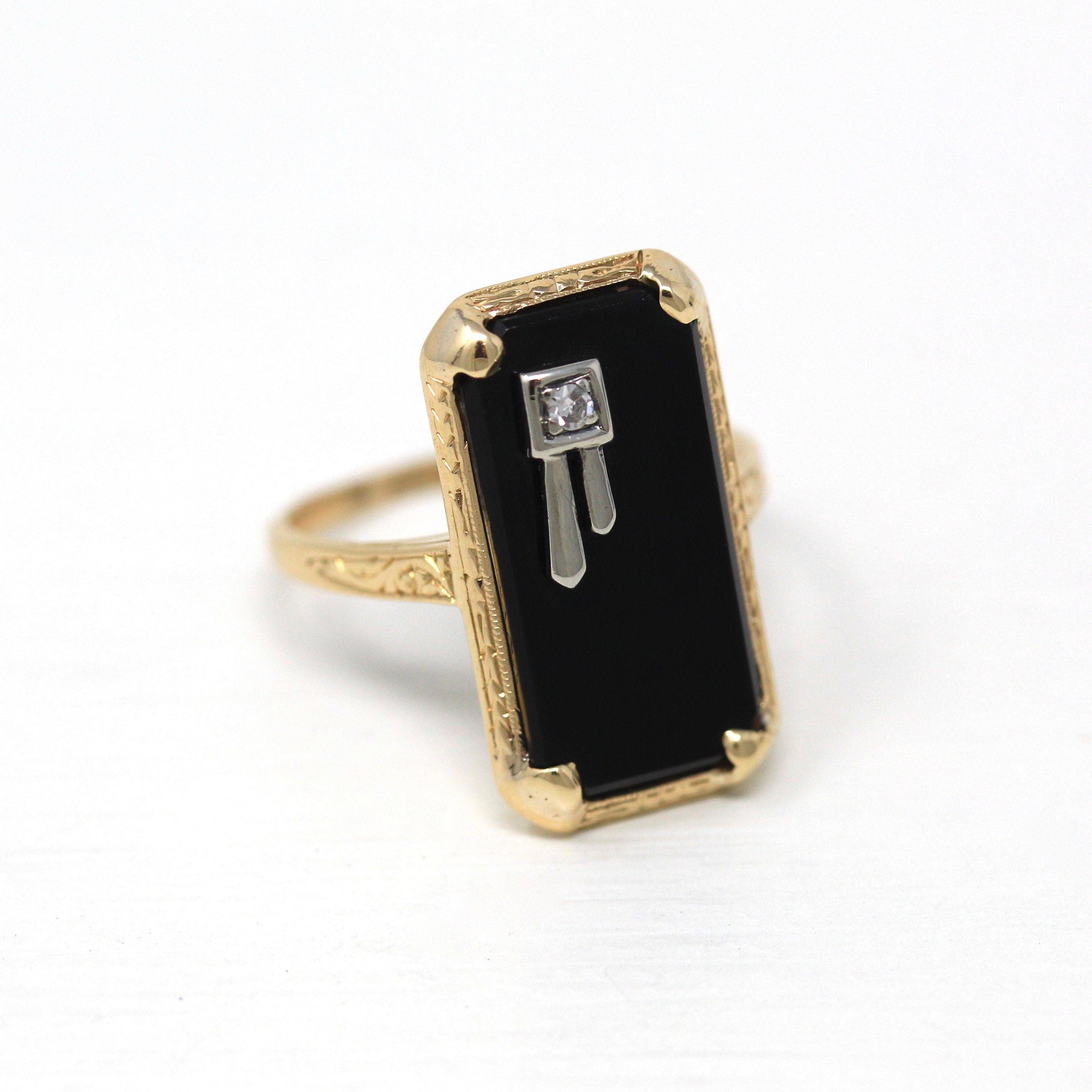 Genuine Onyx Ring - Retro Era 14k Yellow Gold Rectangular Black Gem & Diamond Statement - Vintage Circa 1940s Era Size 6 1/4 Fine Jewelry